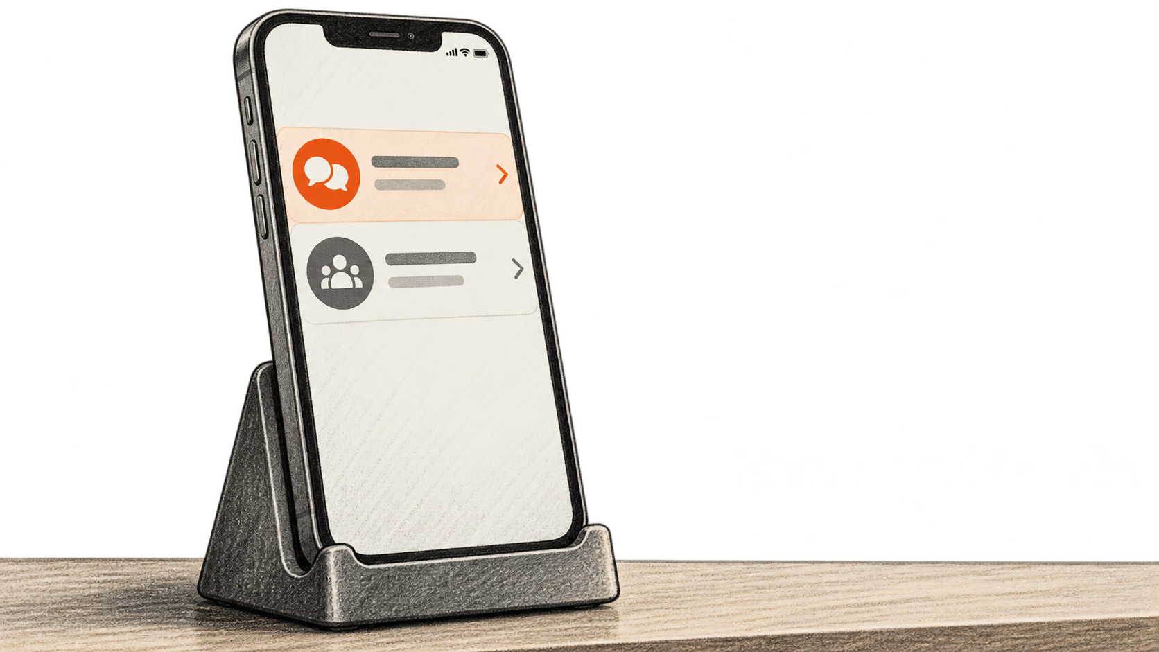 Conceptual charcoal illustration of a phone in a charging stand showing two unlabelled conversation entries, with the upper entry accented orange.