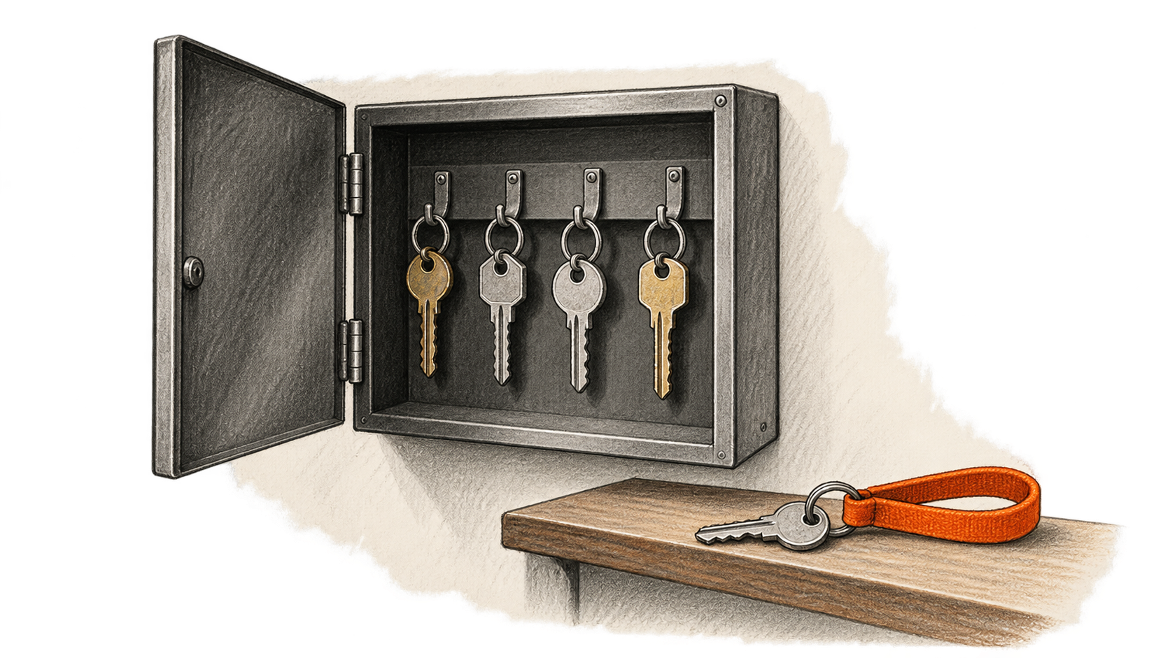 Charcoal illustration of several metal keys hanging in a wall-mounted key cabinet and one separate key on an orange loop resting on a ledge.