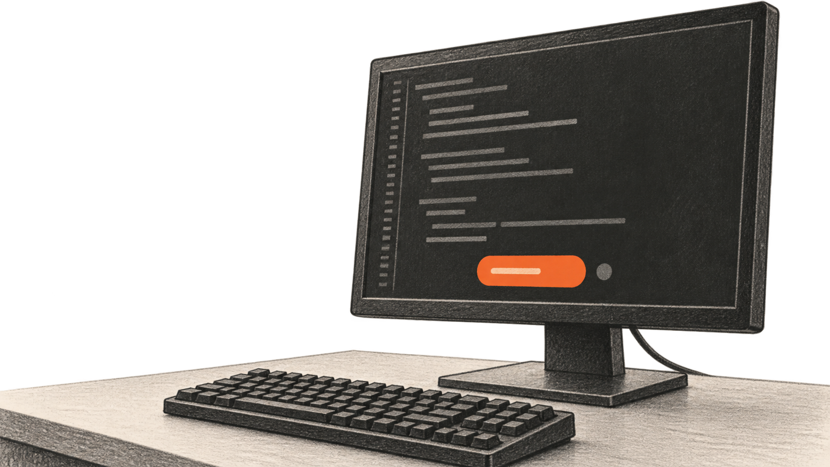 Conceptual charcoal illustration of a desktop monitor and idle keyboard; abstract code strokes and one orange pending-call shape appear on the unbranded screen.