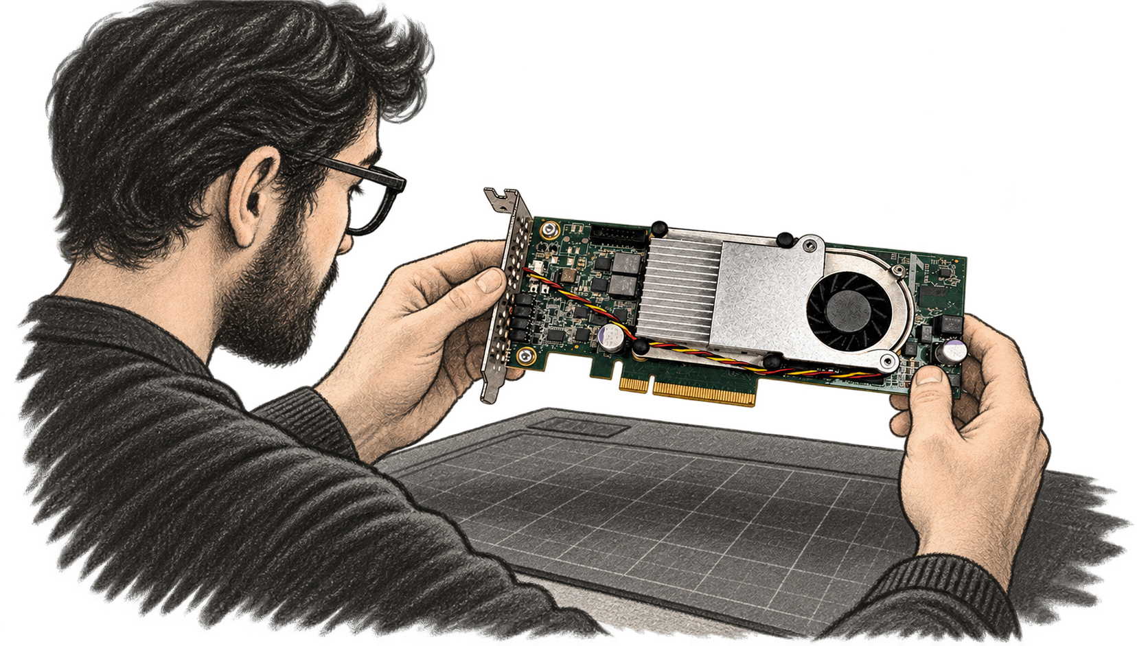 Conceptual charcoal illustration of one engineer holding and examining a PCIe FPGA accelerator card above an electronics work mat.