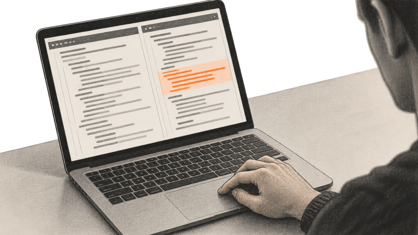 Conceptual charcoal illustration of a reviewer using a laptop trackpad beside a generic two-column code diff with one orange changed section.