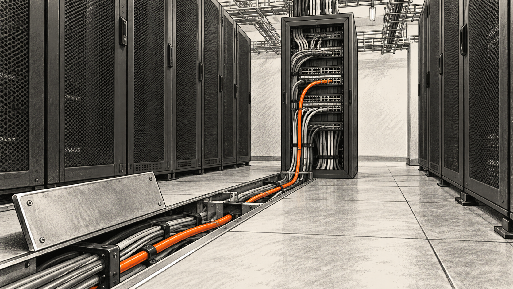 Conceptual charcoal illustration of generic server cabinets and a patch cabinet in a data-centre aisle, with an orange cable held in a floor raceway and plugged into the patch panel.