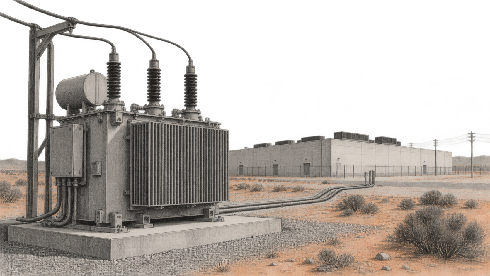 Conceptual charcoal illustration of a large transformer beside a distant data-centre building in arid terrain.
