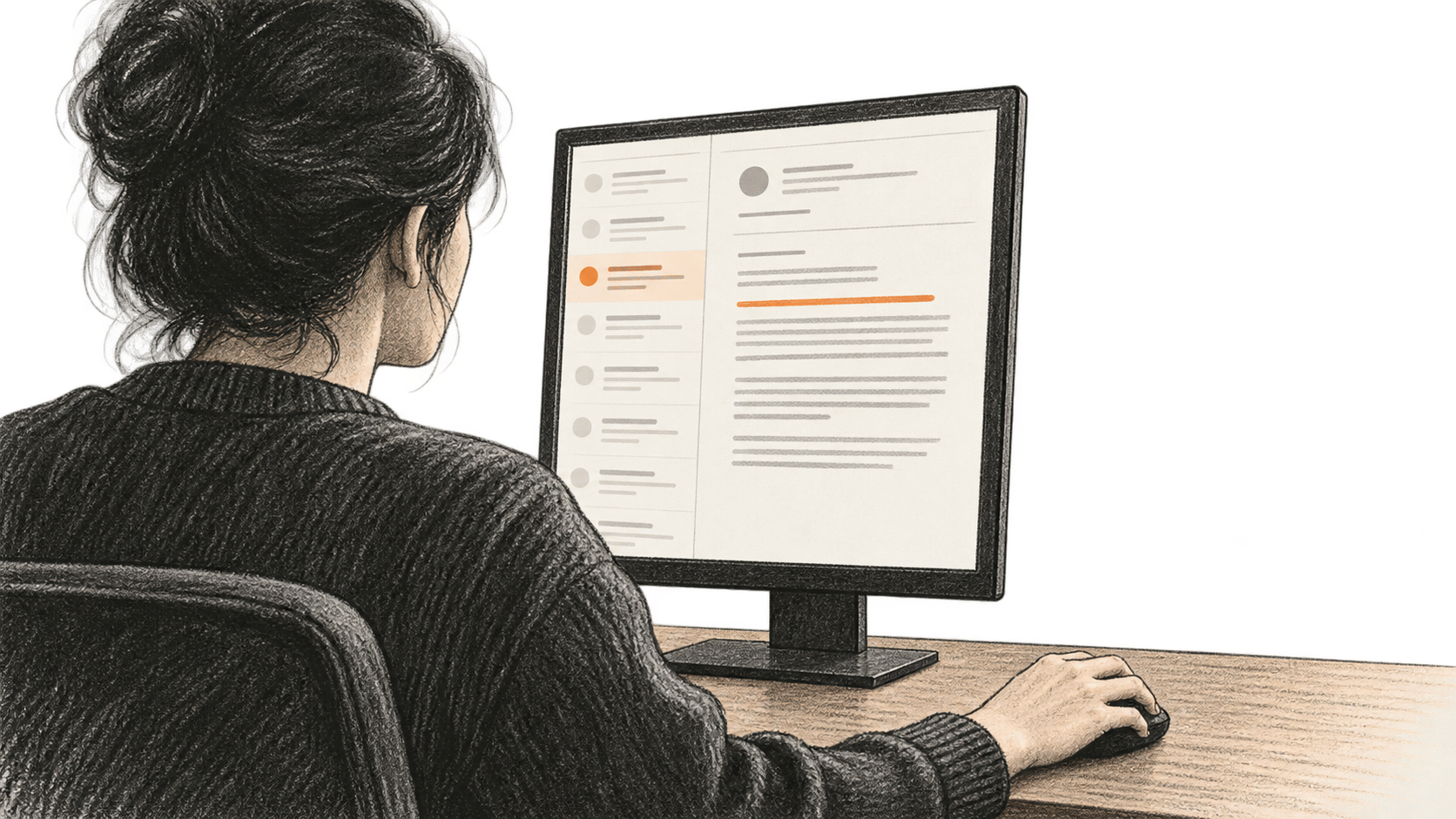 Conceptual charcoal illustration of one reader at a desktop monitor opening a message in an abstract email conversation.