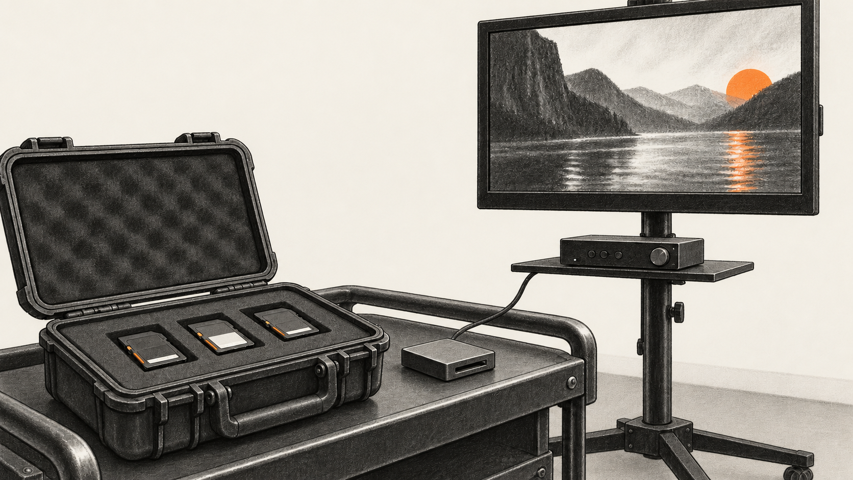 Conceptual charcoal illustration of three unlabelled camera memory cards in an open case beside a small reader and a freestanding monitor showing a generic landscape frame.