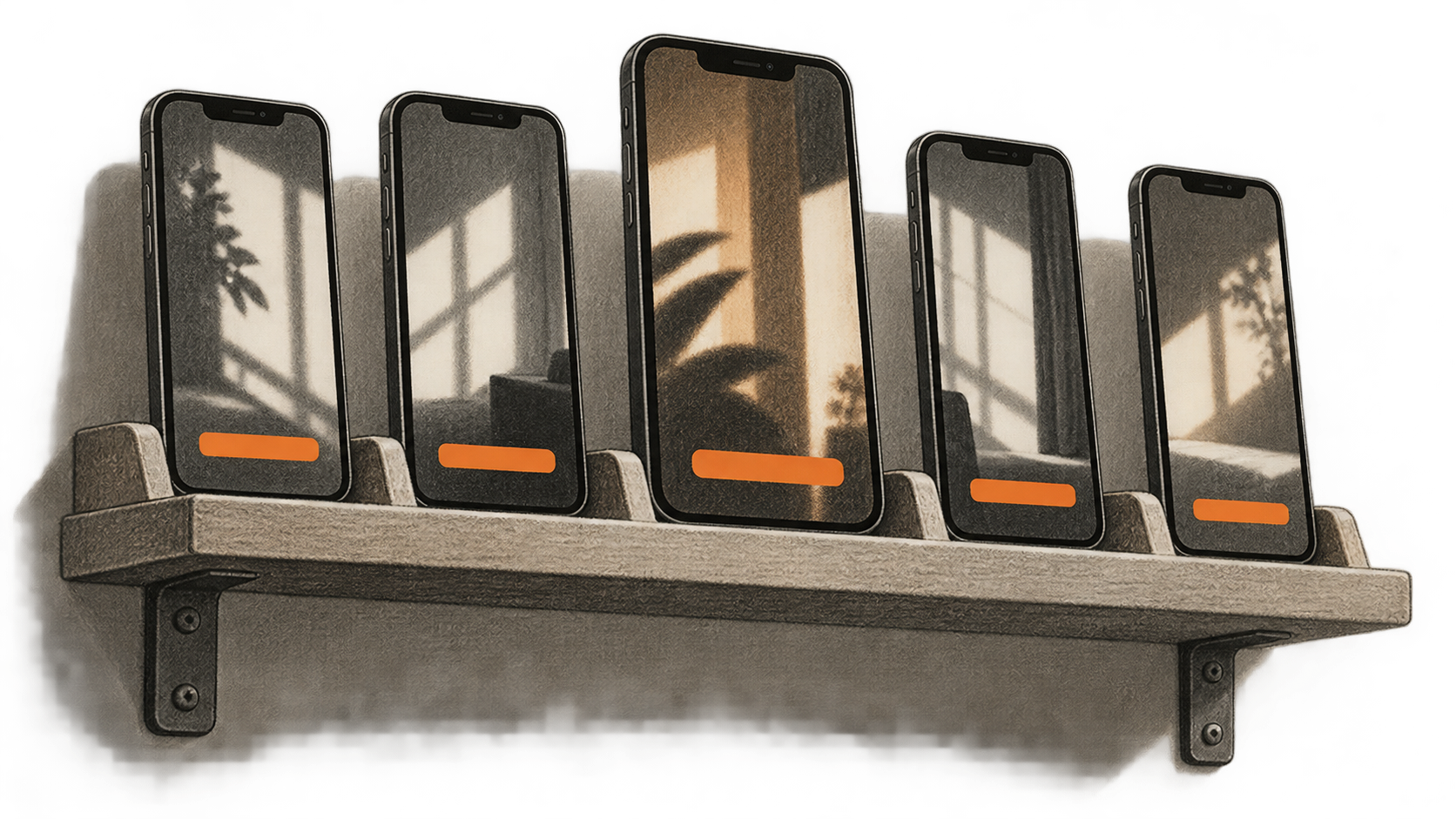 Conceptual charcoal illustration of five upright unbranded phones in a wall shelf, each showing a generic vertical image with a blank orange caption bar.