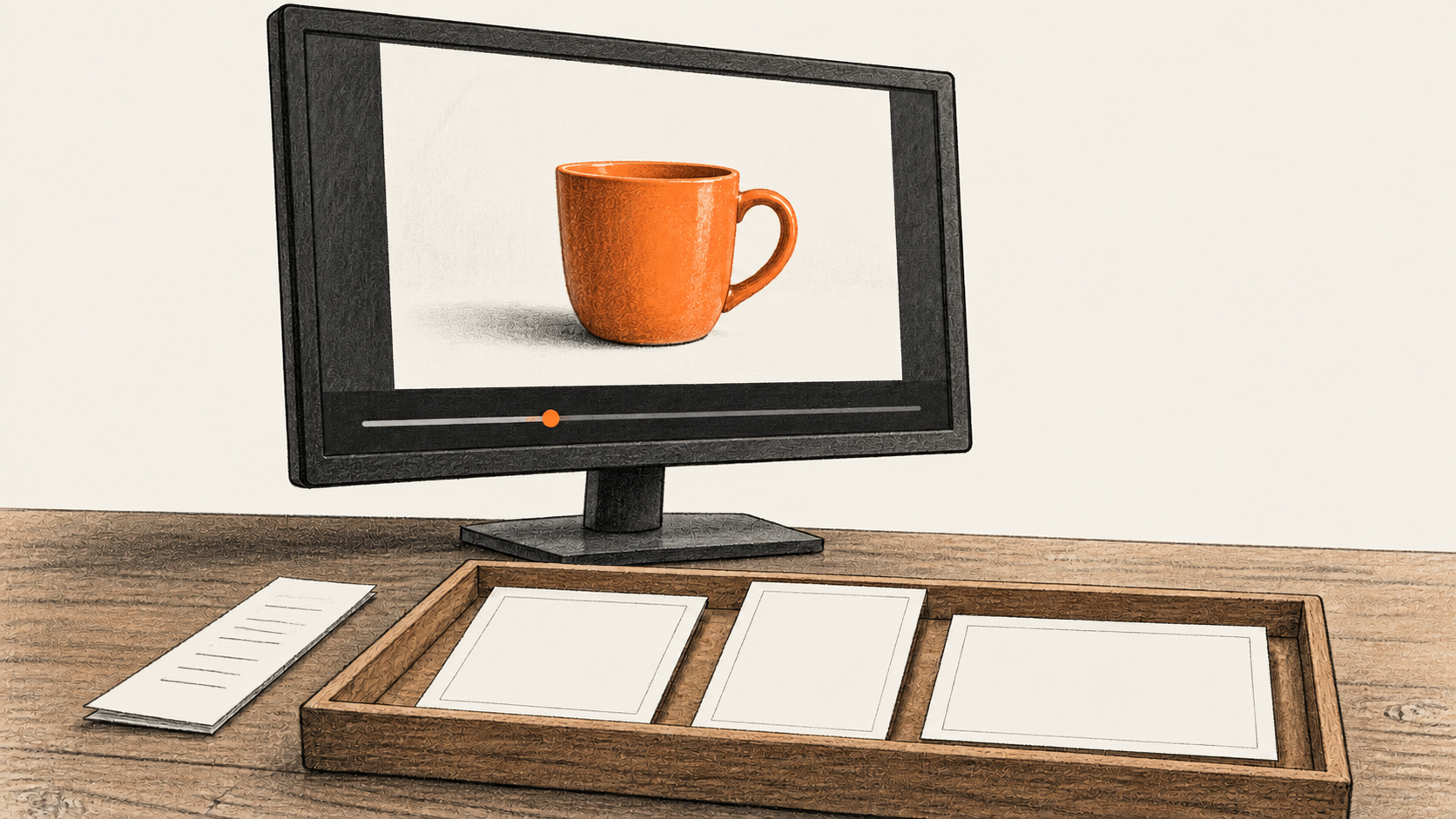 Conceptual charcoal illustration of a paused anonymous video frame on a monitor, with a caption slip and three blank visual-draft mounts on the workbench.