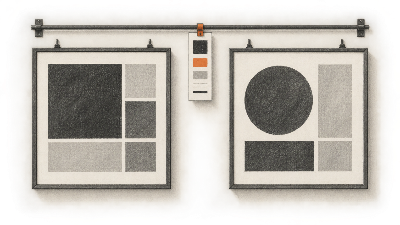 Conceptual charcoal illustration of a small visual reference clipped to a wall rail above two separate framed layout proofs.