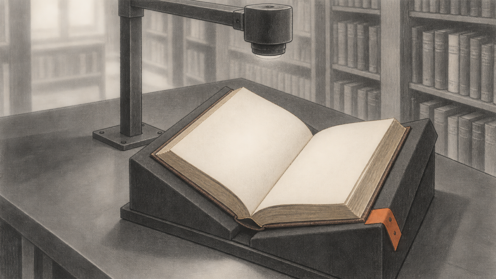 An unidentified open bound volume rests in an archival cradle beneath a mounted document camera, with library shelves behind it.