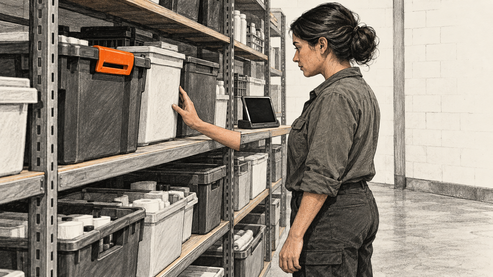Conceptual charcoal illustration of one worker inspecting storage containers on a shelf, with a small blank tablet resting in a cradle nearby.