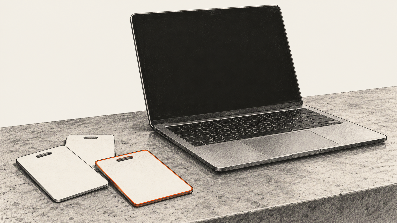 Blank staff badges beside an unbranded laptop.