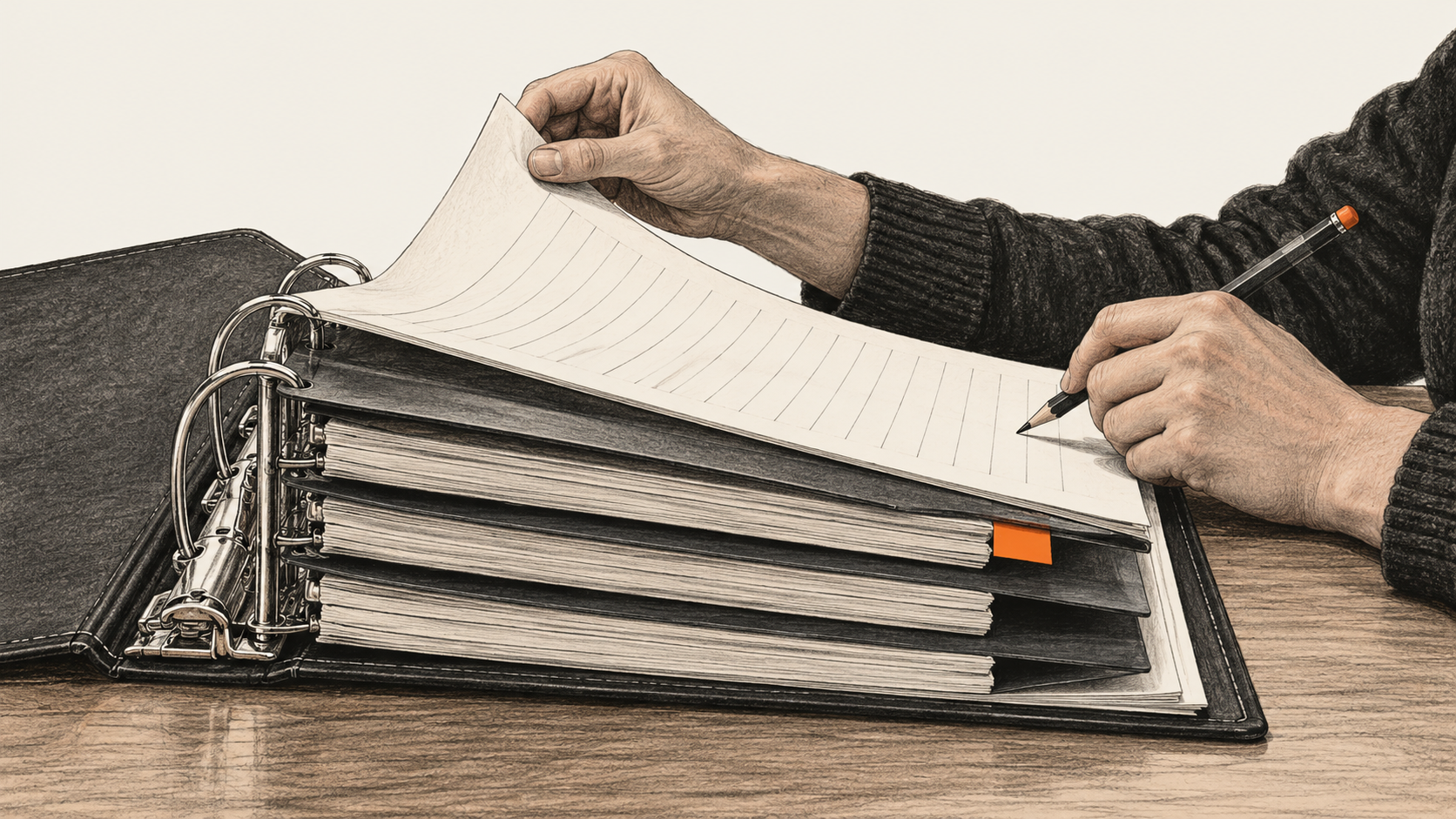 Conceptual charcoal illustration of two hands reviewing an open four-section ring binder, with a pencil poised above a blank ruled page.