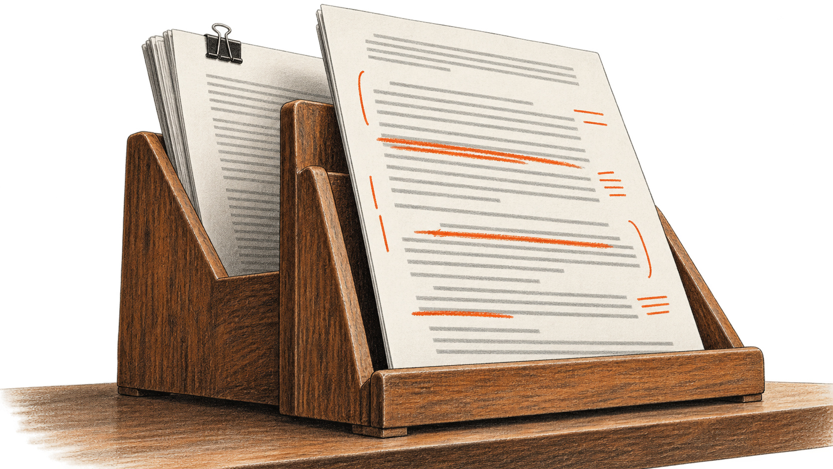 Conceptual charcoal illustration of two separate document packets in a wooden rack, one marked with orange redlines.