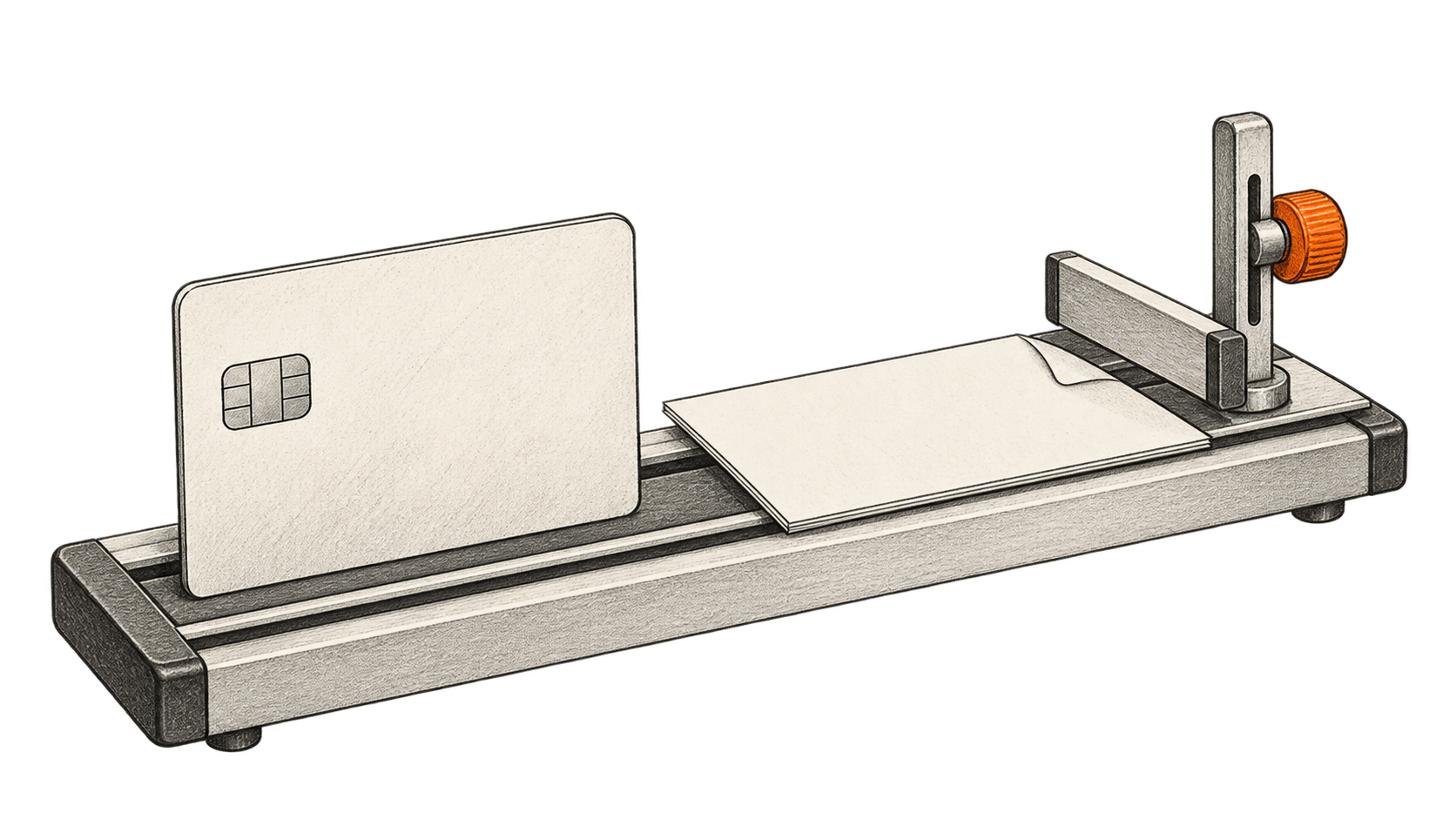 A payment card and blank purchase order sit on a track beside an adjustable mechanical stop with an orange knob.
