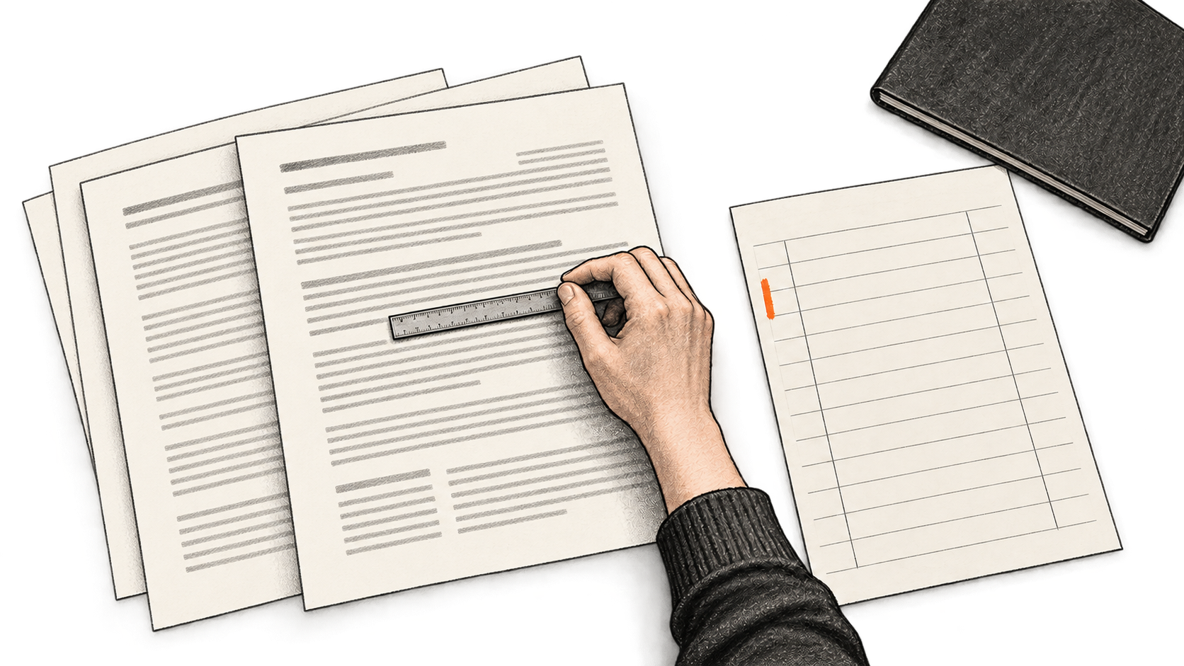 Conceptual charcoal illustration of one hand holding a straightedge over loose source pages beside a separate blank evidence grid and a closed folio.