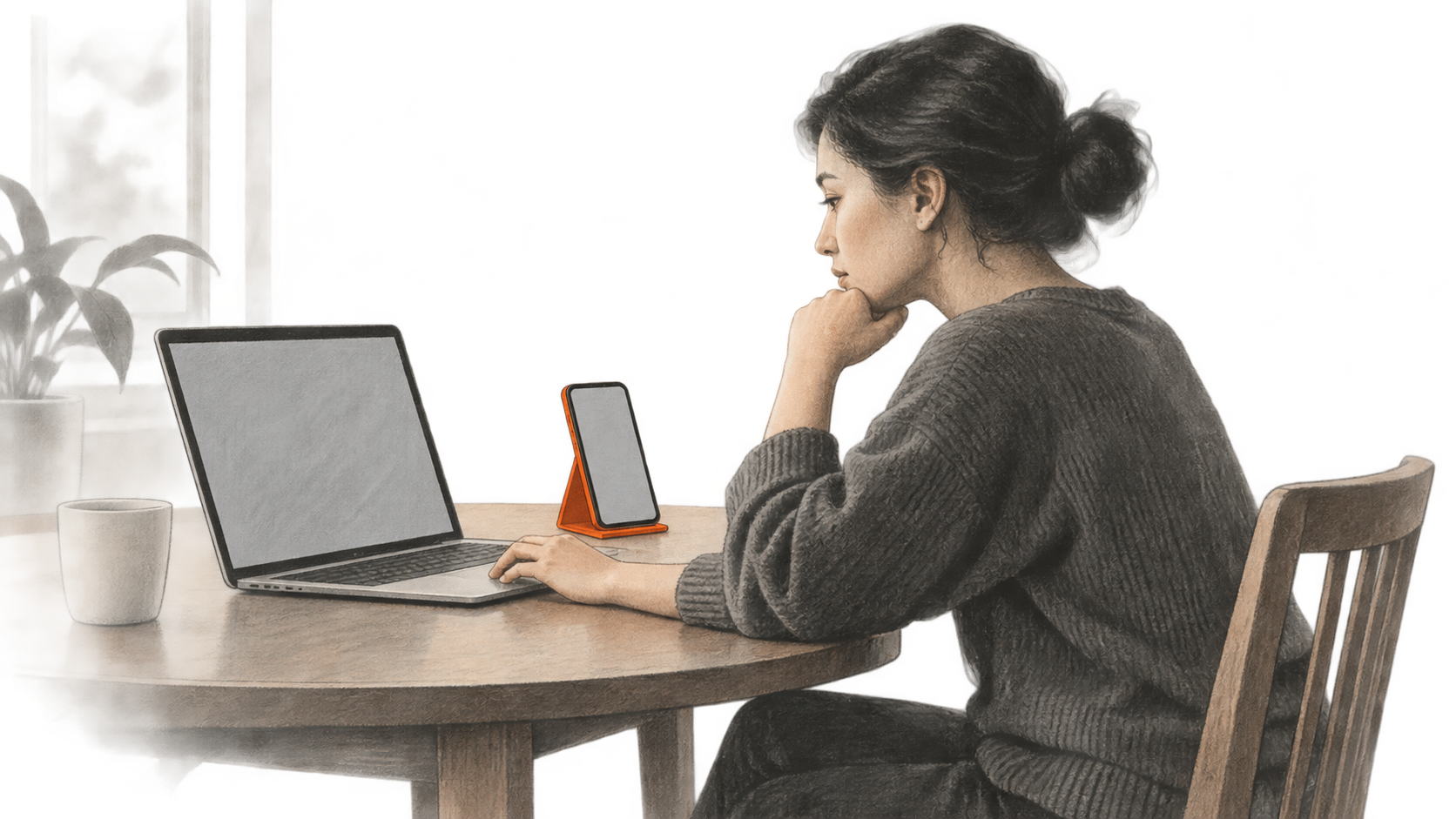 Conceptual charcoal illustration of one person at a home table looking toward an unbranded laptop, with a separate blank-screen phone resting in a stand beside it.
