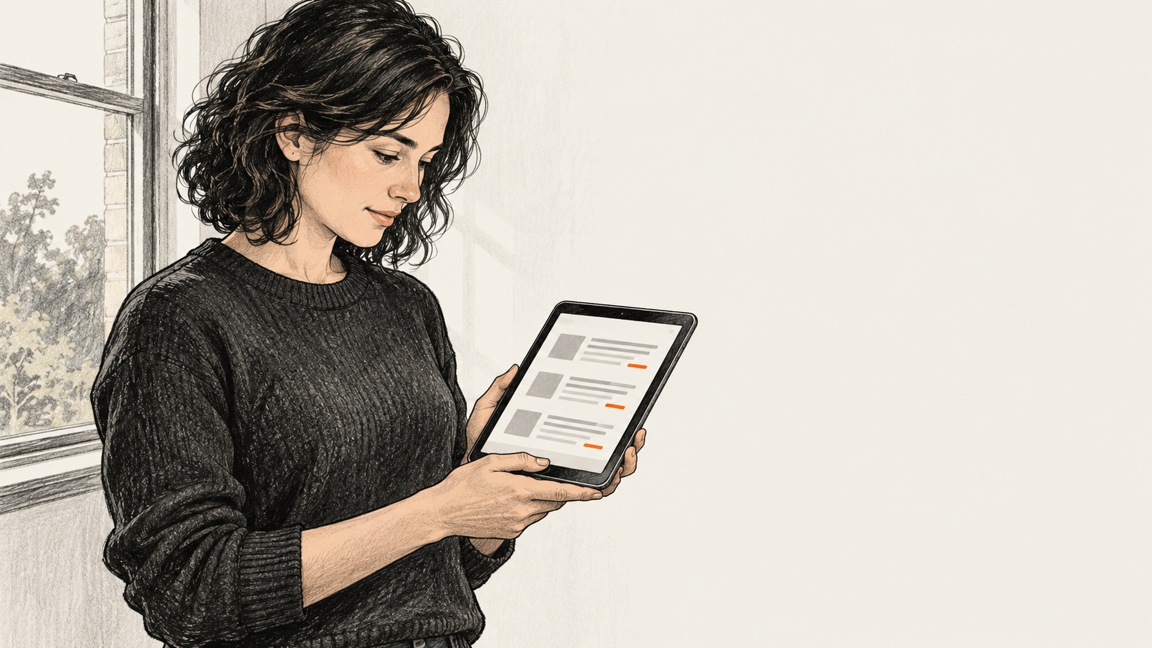 Charcoal illustration of one standing reader by a window looking at three short entries on a tablet, each with a small orange mark.