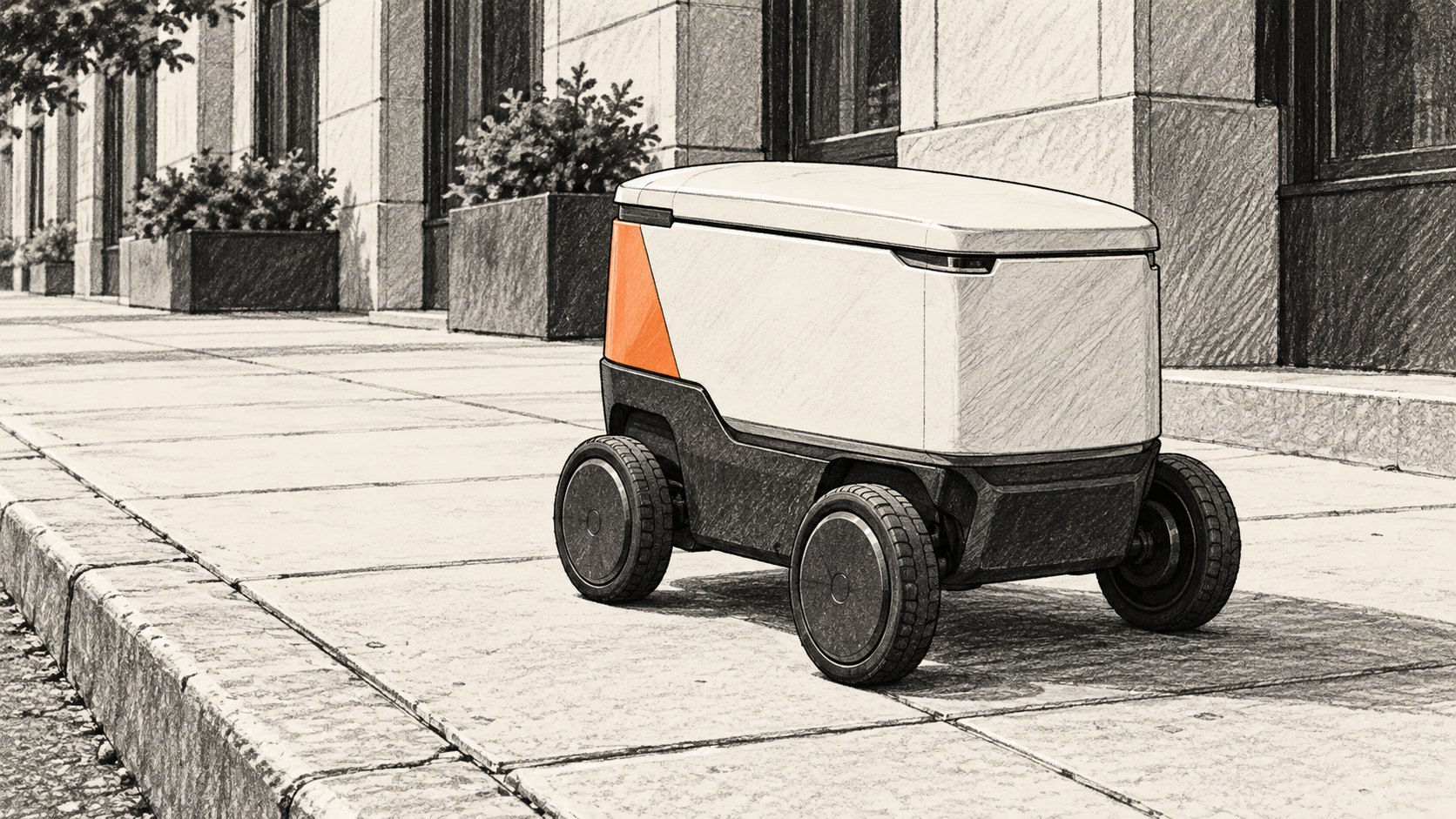 Conceptual charcoal illustration of an unbranded wheeled delivery carrier standing on a generic city sidewalk beside a curb.