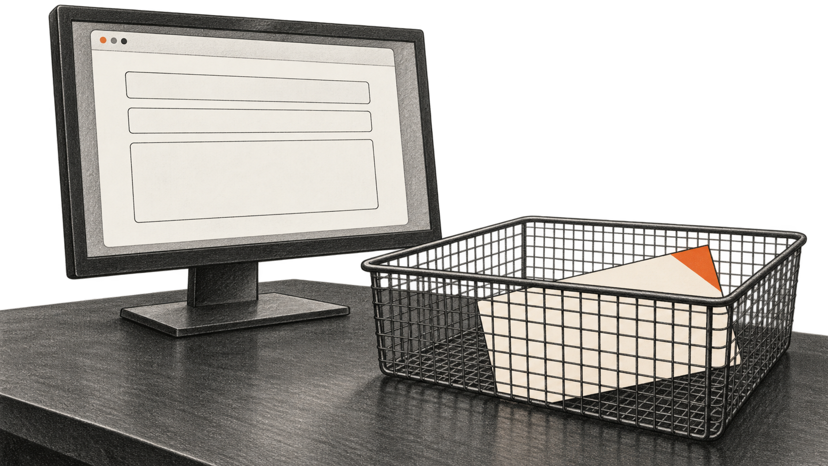Conceptual charcoal illustration of a generic blank web form on a desktop monitor beside a wire-mesh basket holding one blank card with an orange corner.