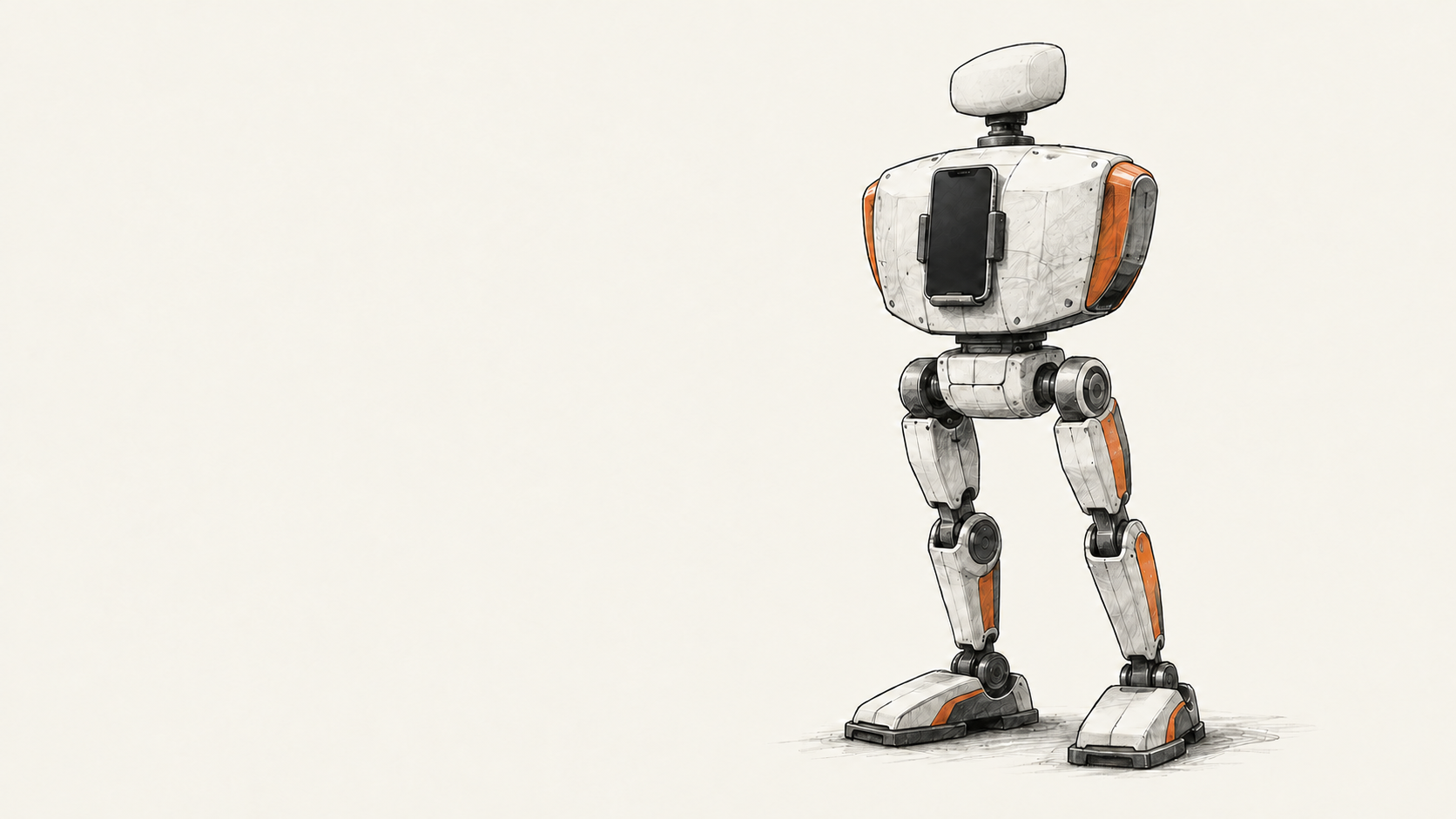 A small blank-screen phone is bracketed to a broad robot chest beneath a separate plain upper housing.