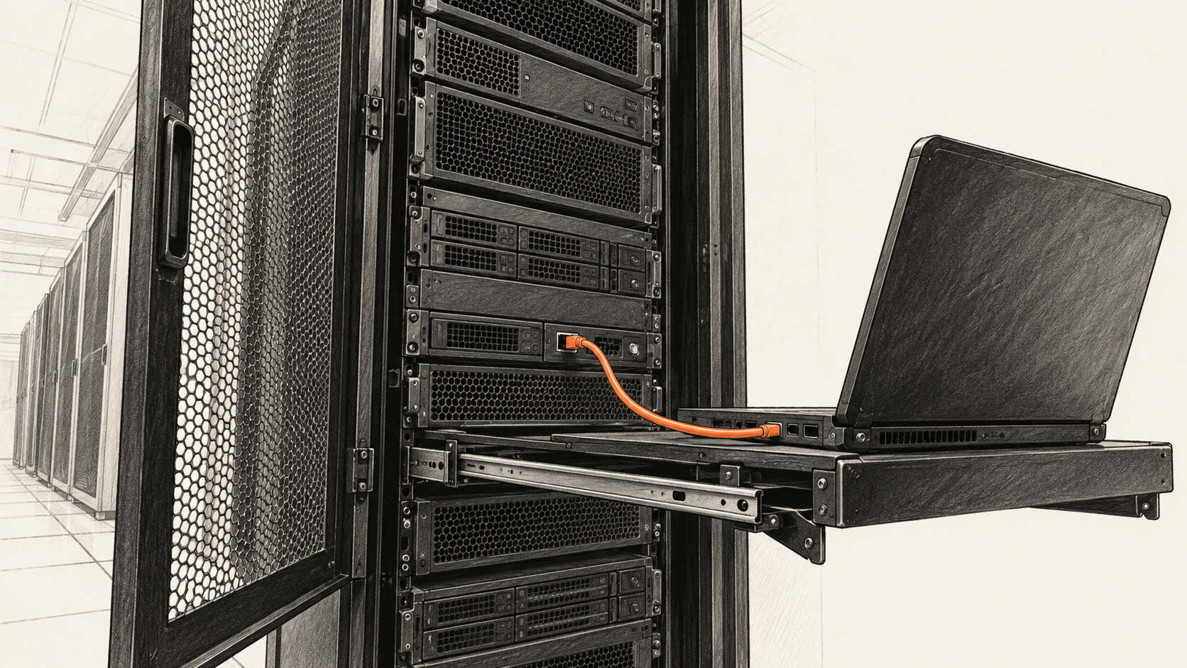 Conceptual charcoal illustration of an open server rack with a wired service terminal on a supported pull-out shelf.