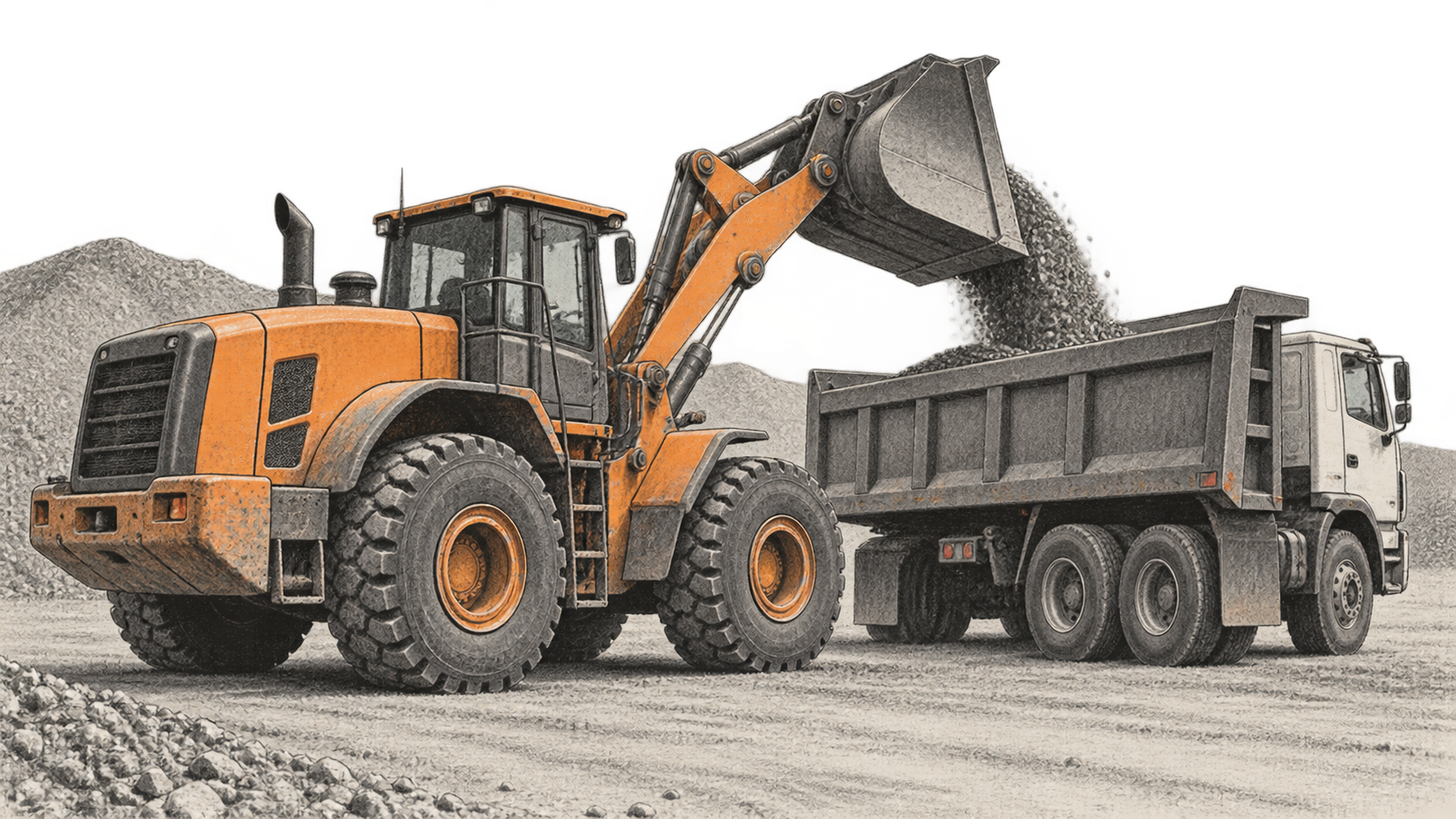 Conceptual charcoal illustration of an unbranded wheel loader tipping aggregate into a dump truck at an outdoor material yard.