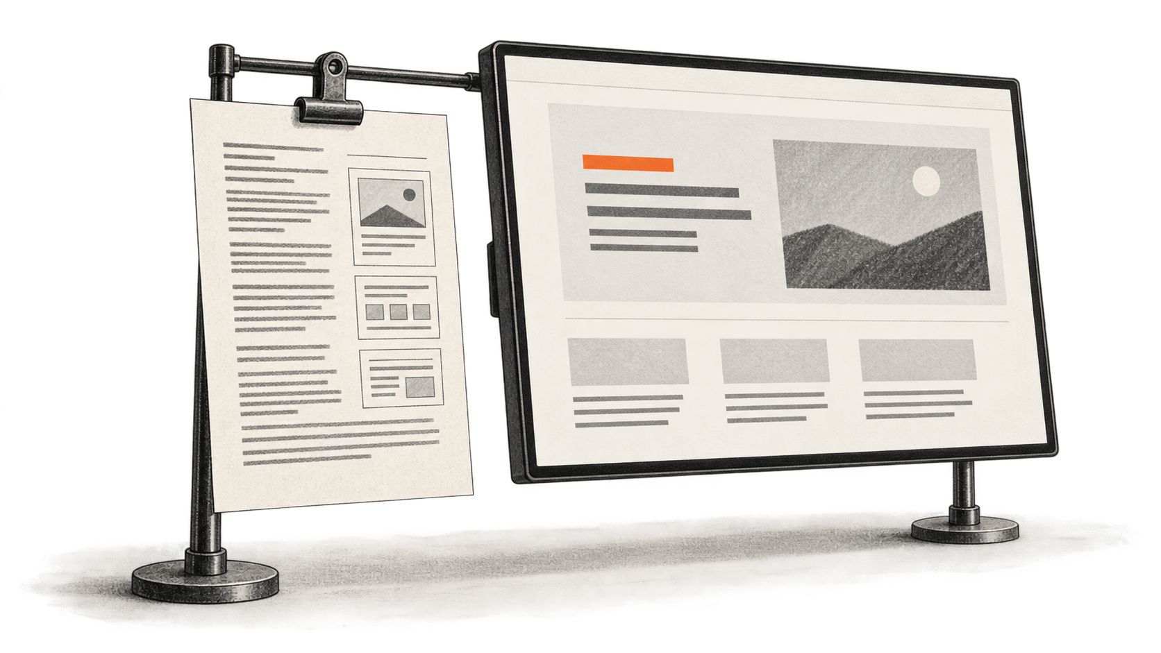 Conceptual charcoal illustration of one clipped design-reference sheet beside an unbranded display showing a simple webpage layout.