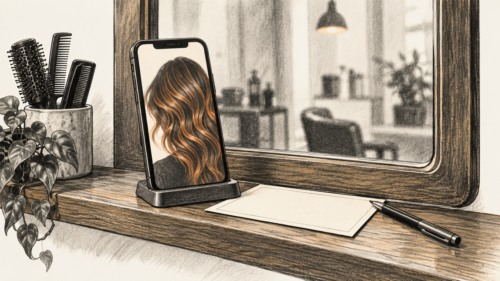 Conceptual charcoal illustration of an unbranded phone displaying a nontextual wavy hairstyle image beside a blank appointment card on a mirror ledge.