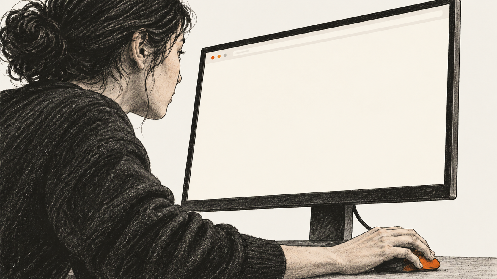 Conceptual charcoal illustration of one person examining a mostly blank browser view on a desktop monitor, with a hand on an orange mouse.