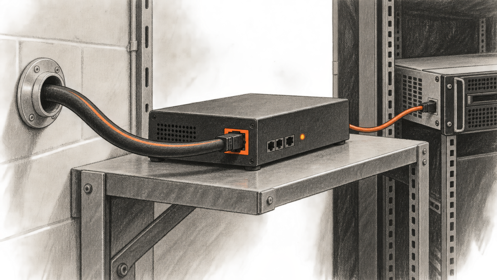 Charcoal illustration of a network cable entering a gateway on a steel shelf, with a second cable leading to a generic rack-mounted computer.