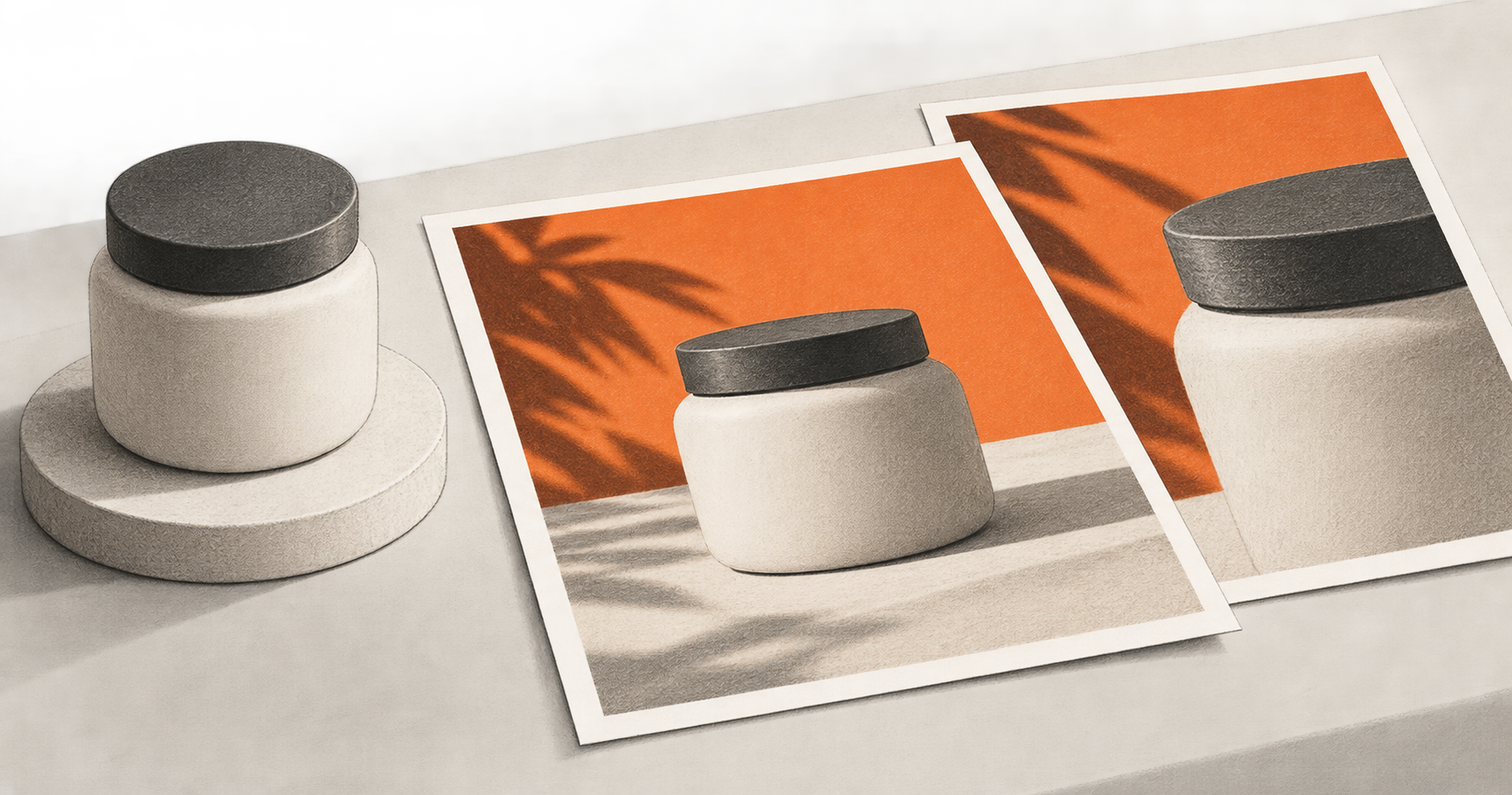 Conceptual charcoal illustration of an unbranded ceramic jar beside two printed campaign image proofs depicting the same generic jar.