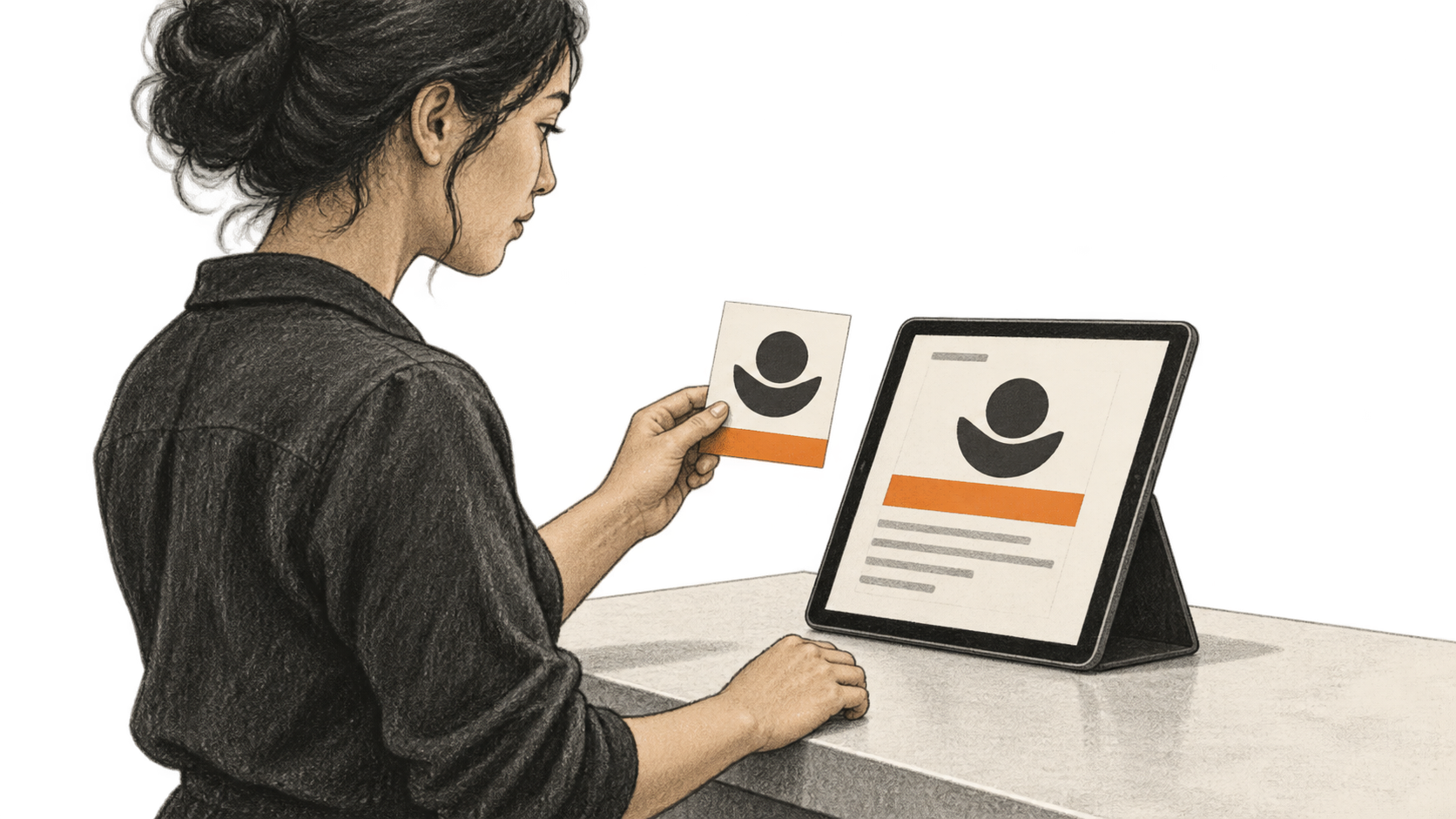 Conceptual charcoal illustration of a person comparing an unlettered visual reference card with matching generic shapes on a tablet supported by a counter stand.