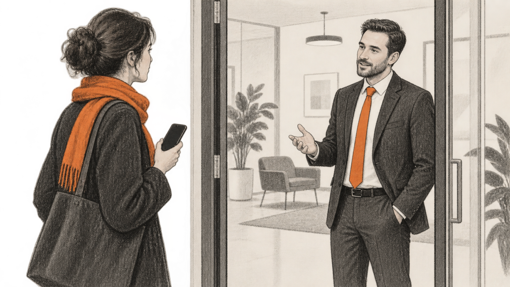 Conceptual illustration of a visitor holding a blank-screen phone outside an open office doorway while an employee listens and gestures from inside.