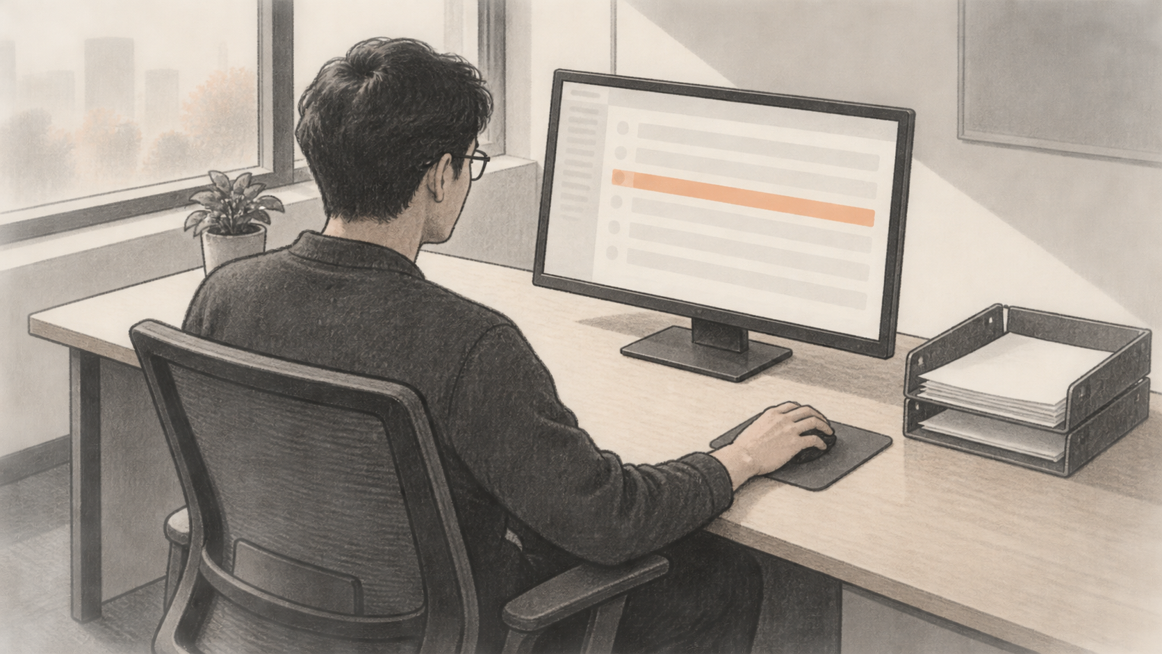 Conceptual charcoal illustration of one office worker reviewing blank rows on an unbranded monitor at a desk, with an empty document tray beside it.