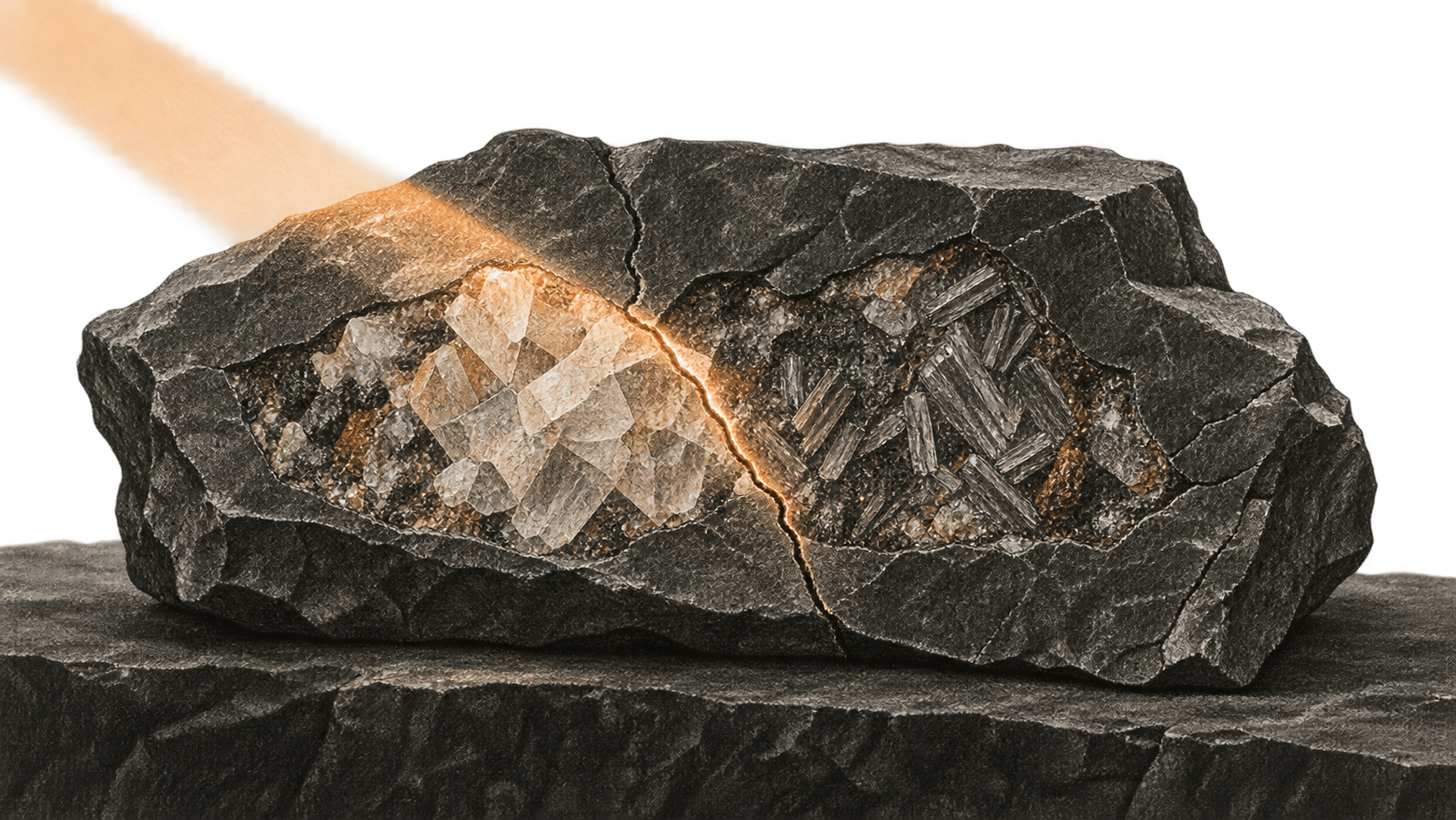 Two subtly different mineral inclusions share a fractured stone slab, with a narrow beam of light revealing their boundary.