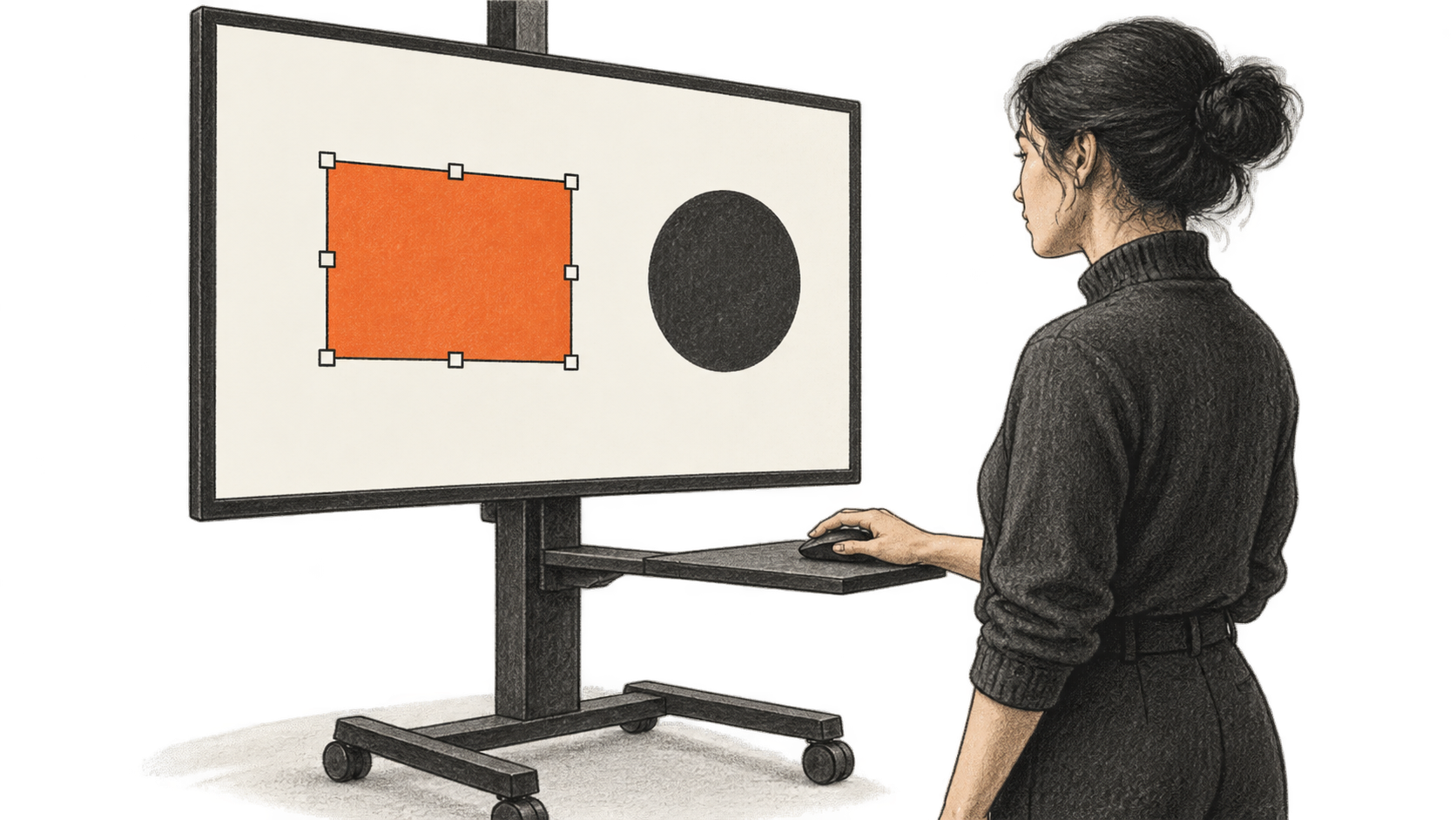 Conceptual charcoal illustration of one reviewer using a mouse beside a wheeled display; an orange rectangle on the screen has individual selection handles.