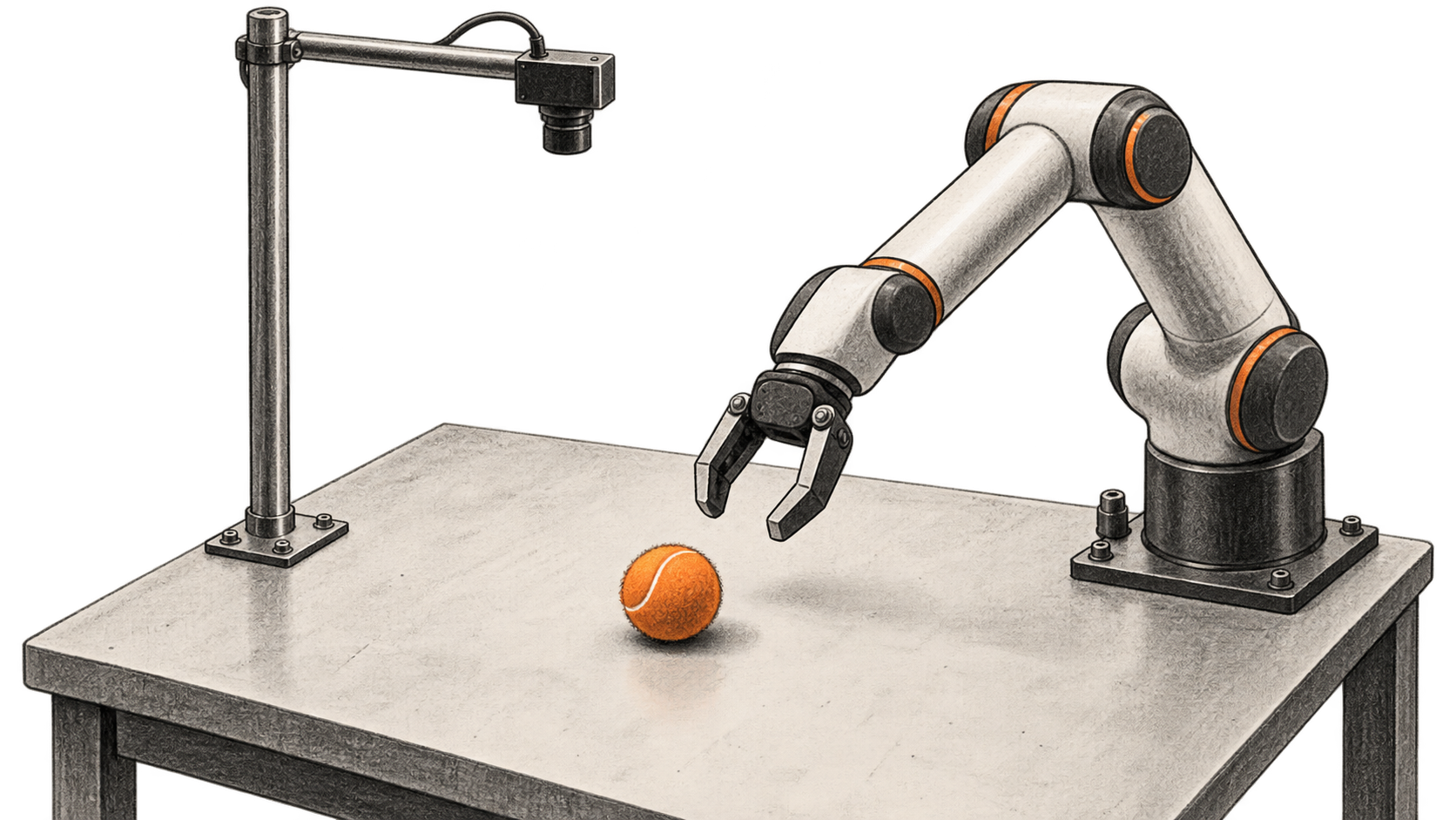 Conceptual charcoal illustration of a mounted camera looking at a tennis ball while an unbranded robot arm holds its open gripper nearby.