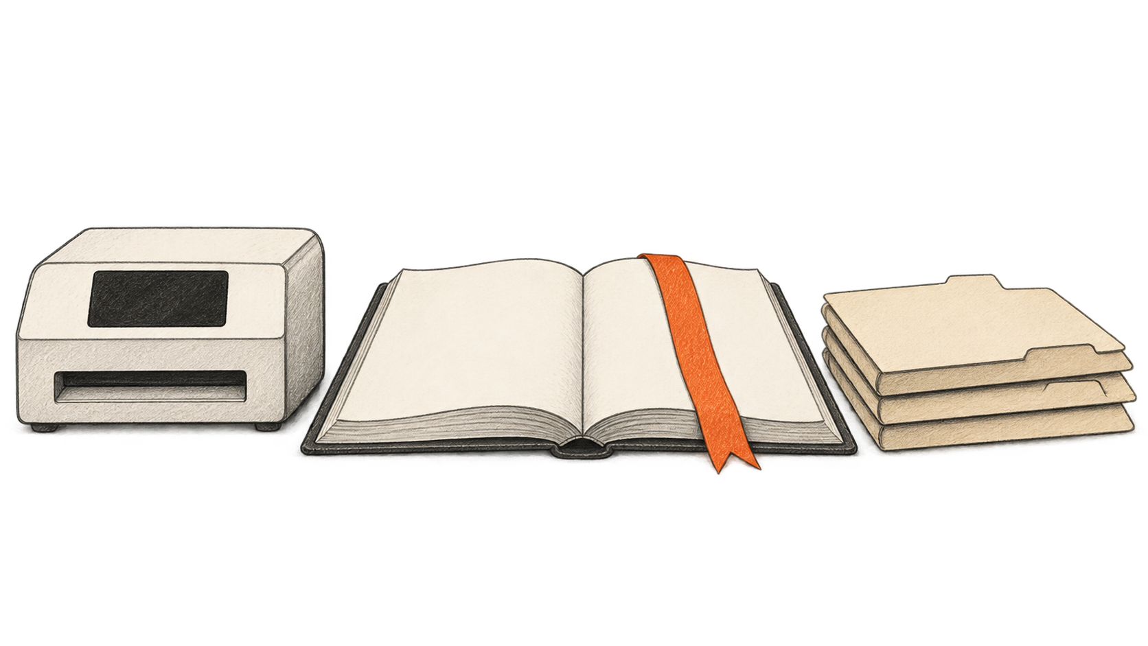 An intact desktop document machine sits beside an open ledger with an orange bookmark and an orderly stack of folders.