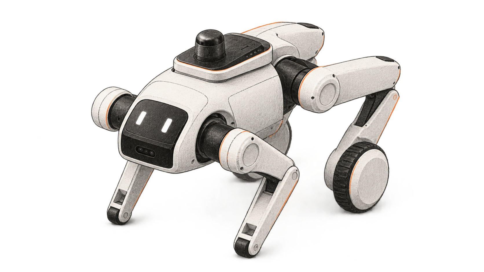 Conceptual approximation of PrimeBOT T1 in its low quadruped form, with a compact white body, raised top sensor pod, articulated front limbs and separate rear wheel limbs.