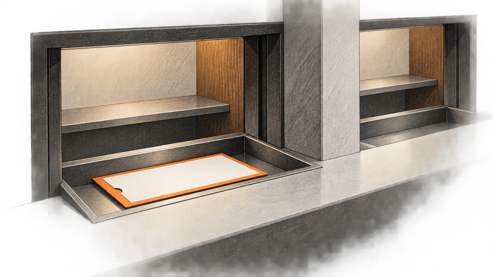 Conceptual charcoal illustration of two separate service-counter pass-through bays; a blank orange-edged sleeve rests in one tray while the other remains empty.