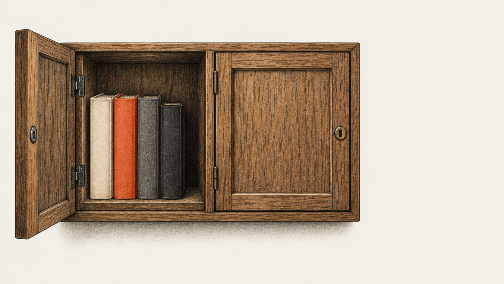 Conceptual charcoal illustration of two separate wooden reading compartments: one open with blank books and the other closed.