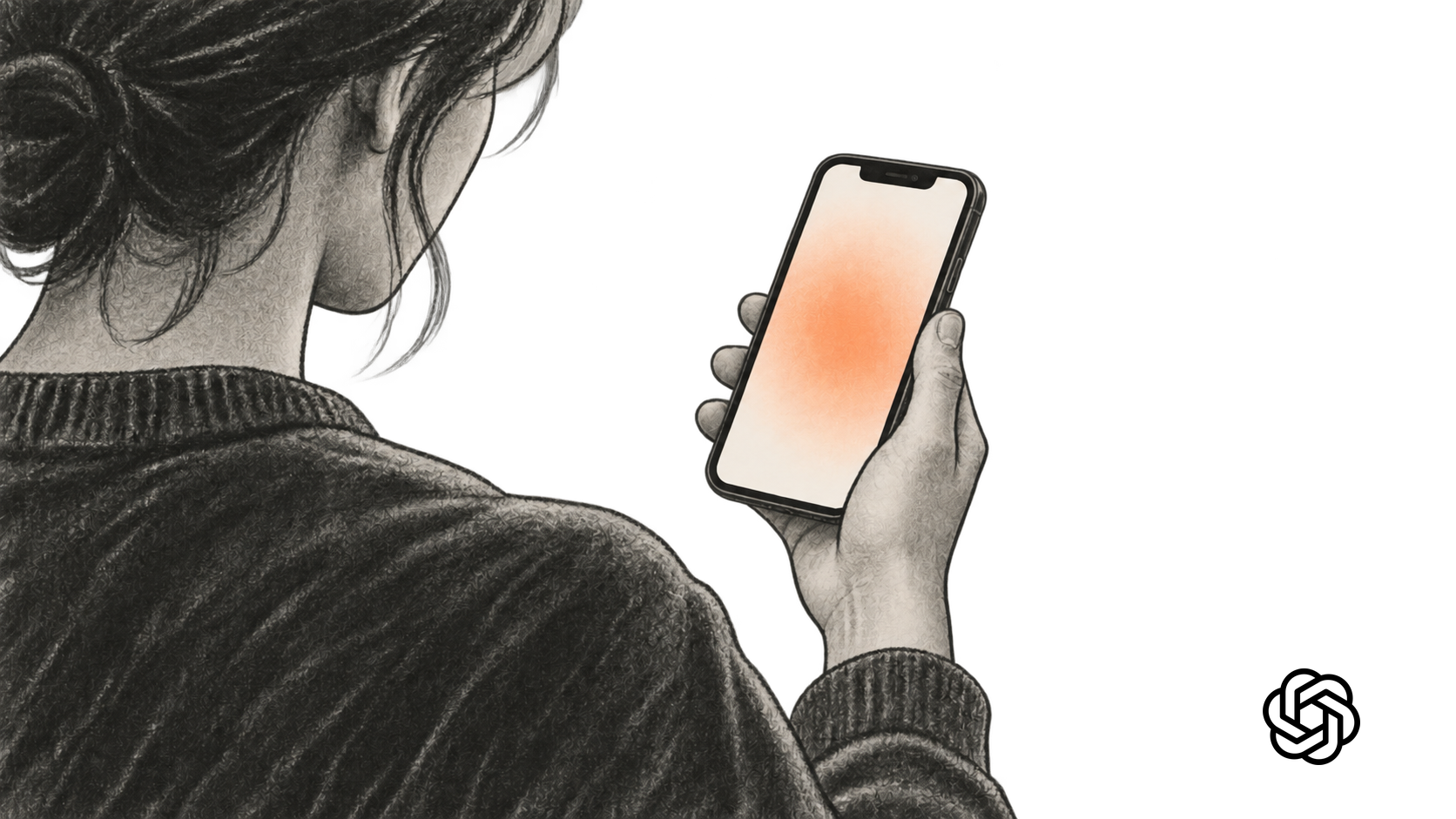 Charcoal illustration from behind of a person holding a phone with a blank orange-tinted screen; the OpenAI symbol appears alone at lower right.