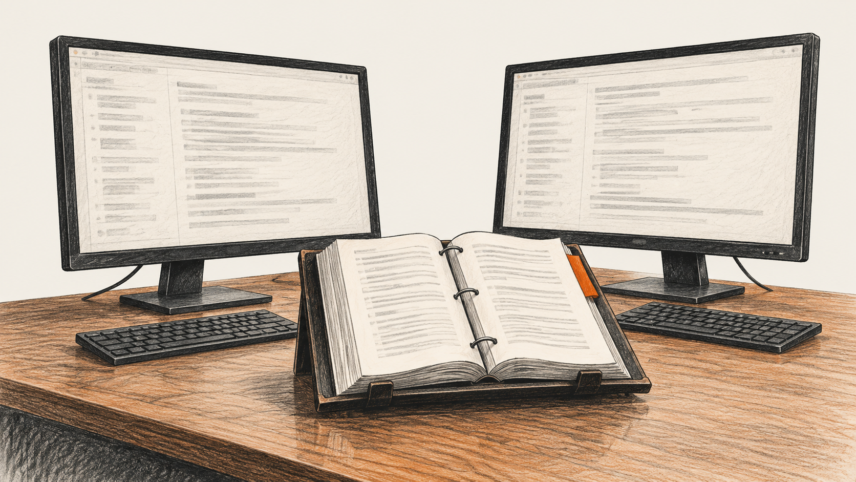 Conceptual charcoal illustration of two unbranded computer monitors flanking an open policy binder on a desk.