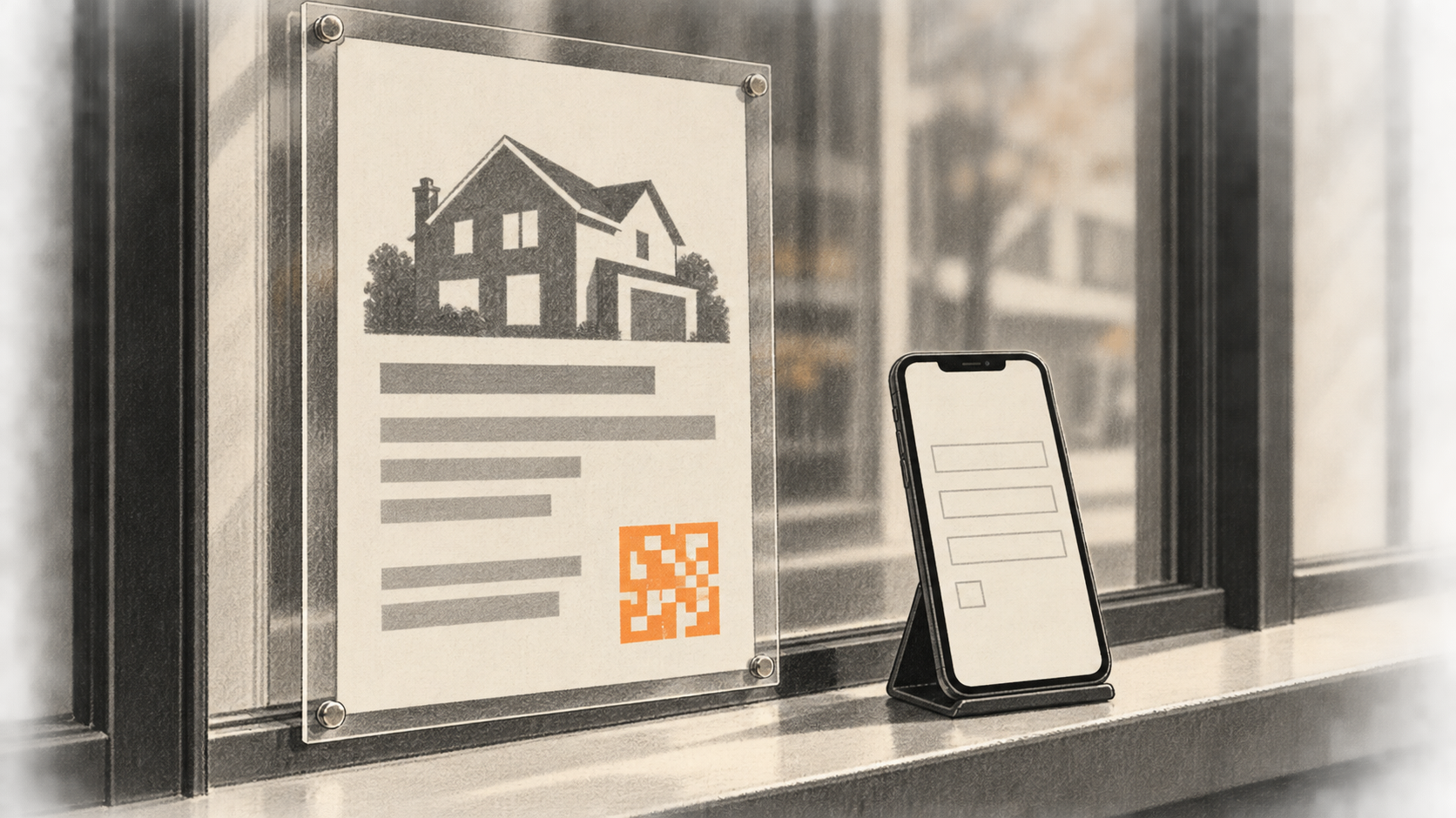 Conceptual charcoal illustration of an unlettered property flyer in a window sleeve beside a phone showing blank inquiry fields.