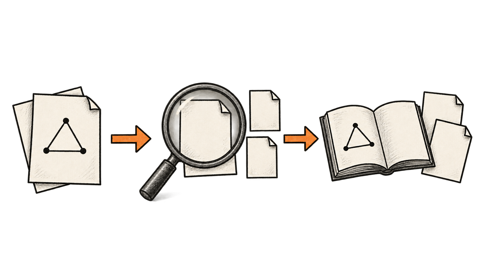 Manuscript pages lead to a magnifying glass over a statement and dependency pages, then to an explanatory book and reusable pages.
