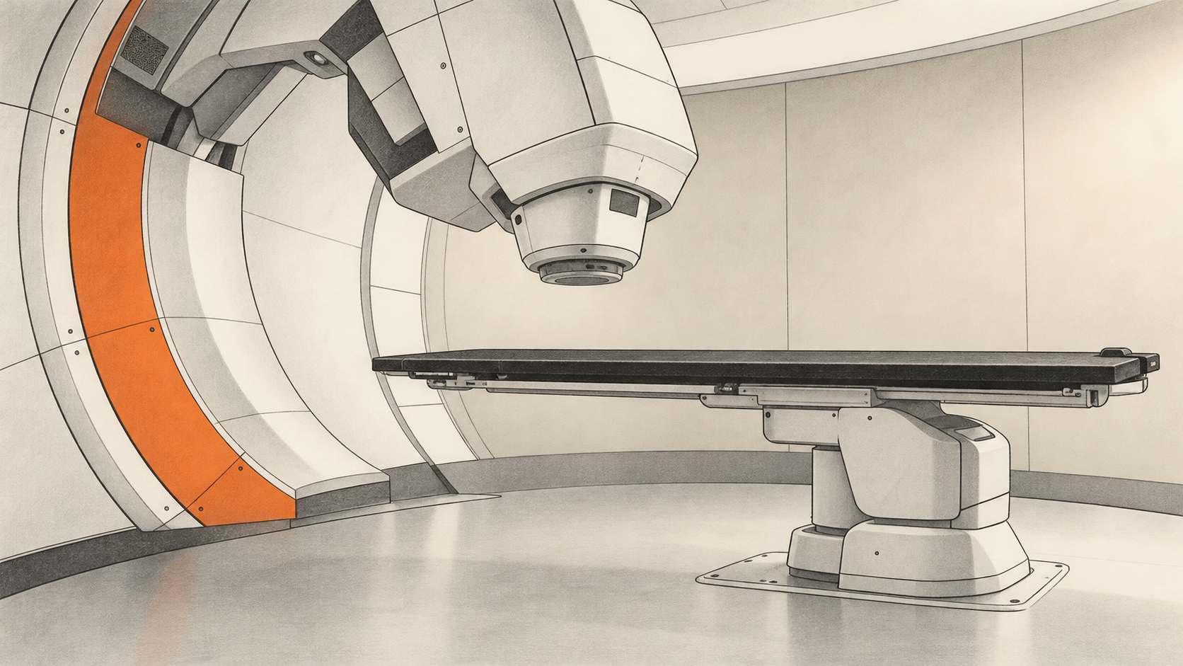 Conceptual charcoal illustration of an empty proton therapy room, with a gantry nozzle above a supported couch.