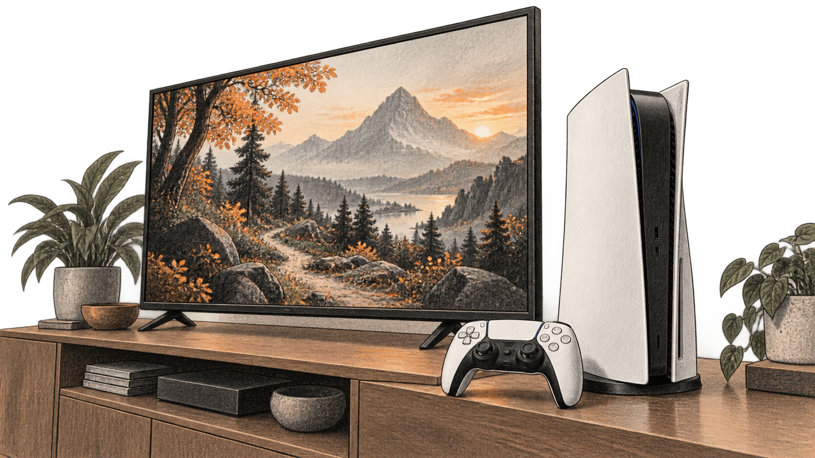 Conceptual illustration, not a game screenshot or QSSR sample: a standard PlayStation 5 and DualSense beside a television with an invented mountain landscape.