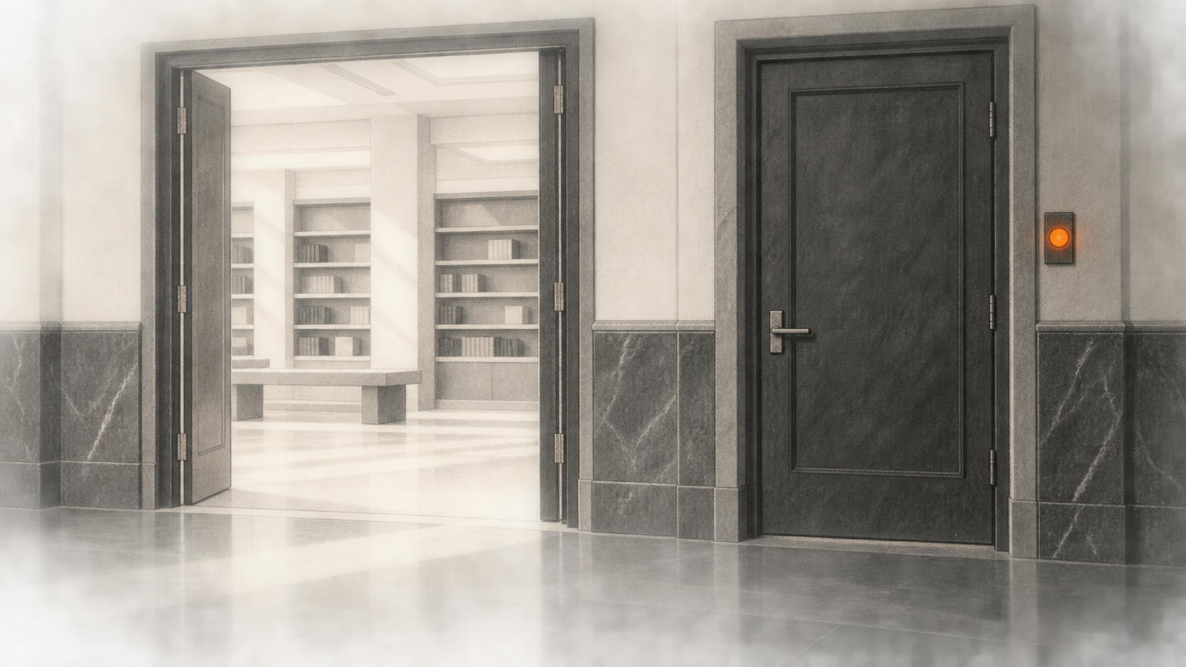 Conceptual charcoal illustration of an open passage to a reading area beside a closed interior door.