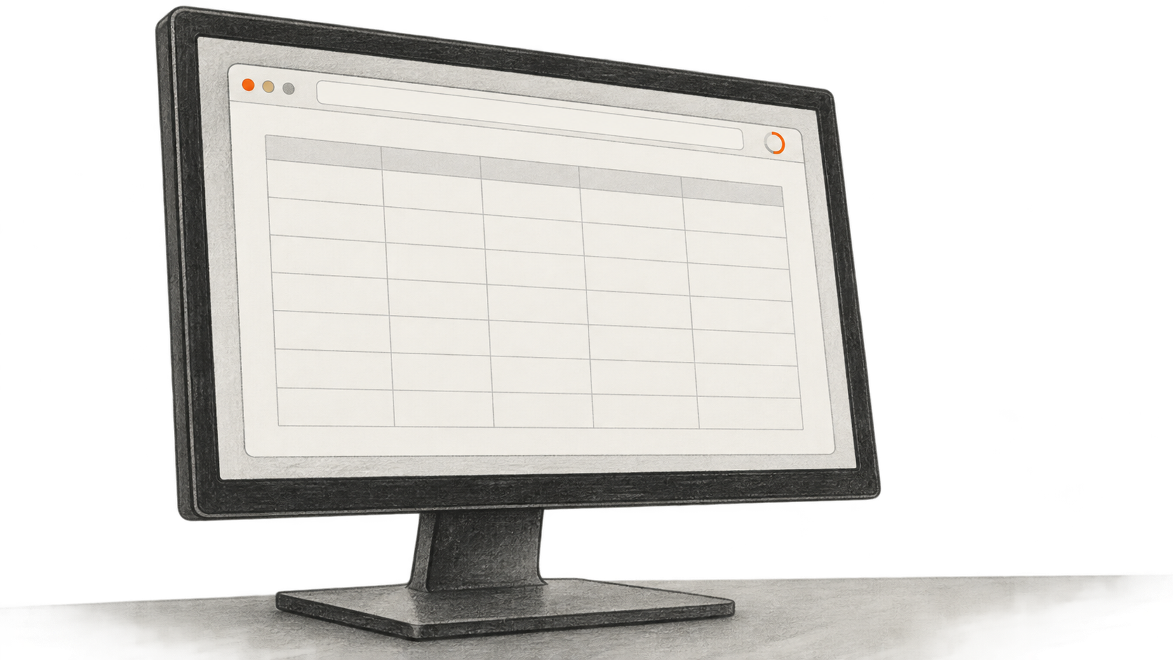 A generic browser window with an empty data table fills a monitor resting on a low counter.