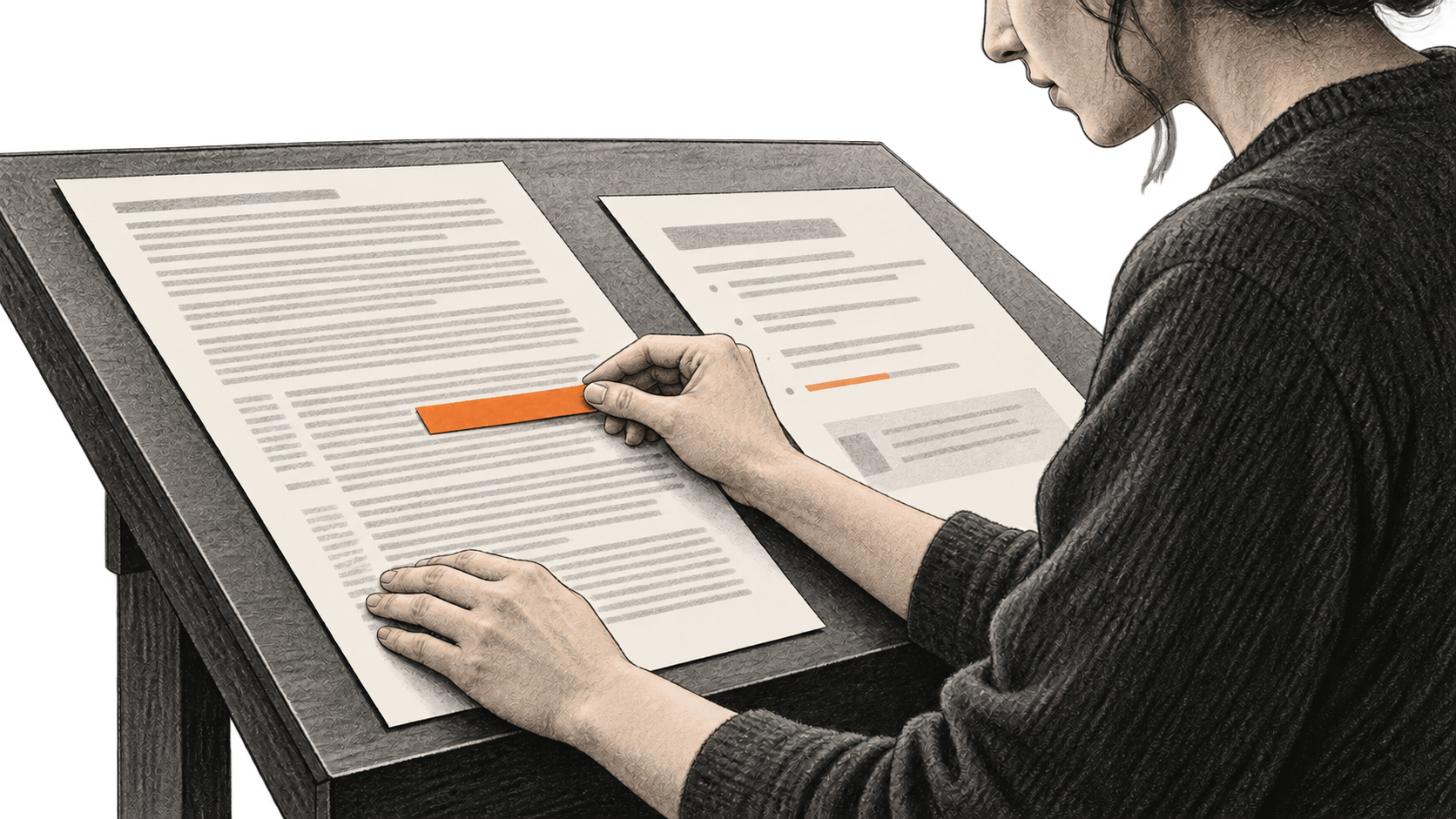 Conceptual charcoal illustration of one reader comparing a dense anonymous source page with a shorter analysis proof on a sloped table, using an orange reading strip.